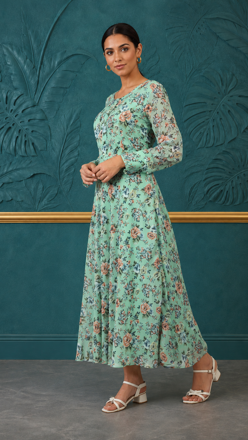 Mint green women’s floral printed maxi kurta dress with long sleeves and flared hem, modest Asian ethnic wear by Diya Online