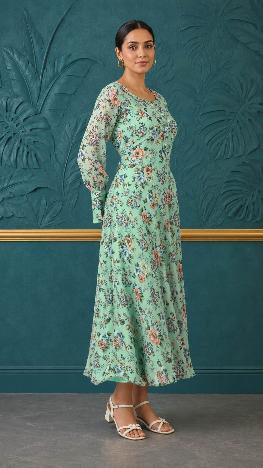 Mint green women’s floral printed maxi kurta dress with long sleeves and flared hem, modest Asian ethnic wear by Diya Online