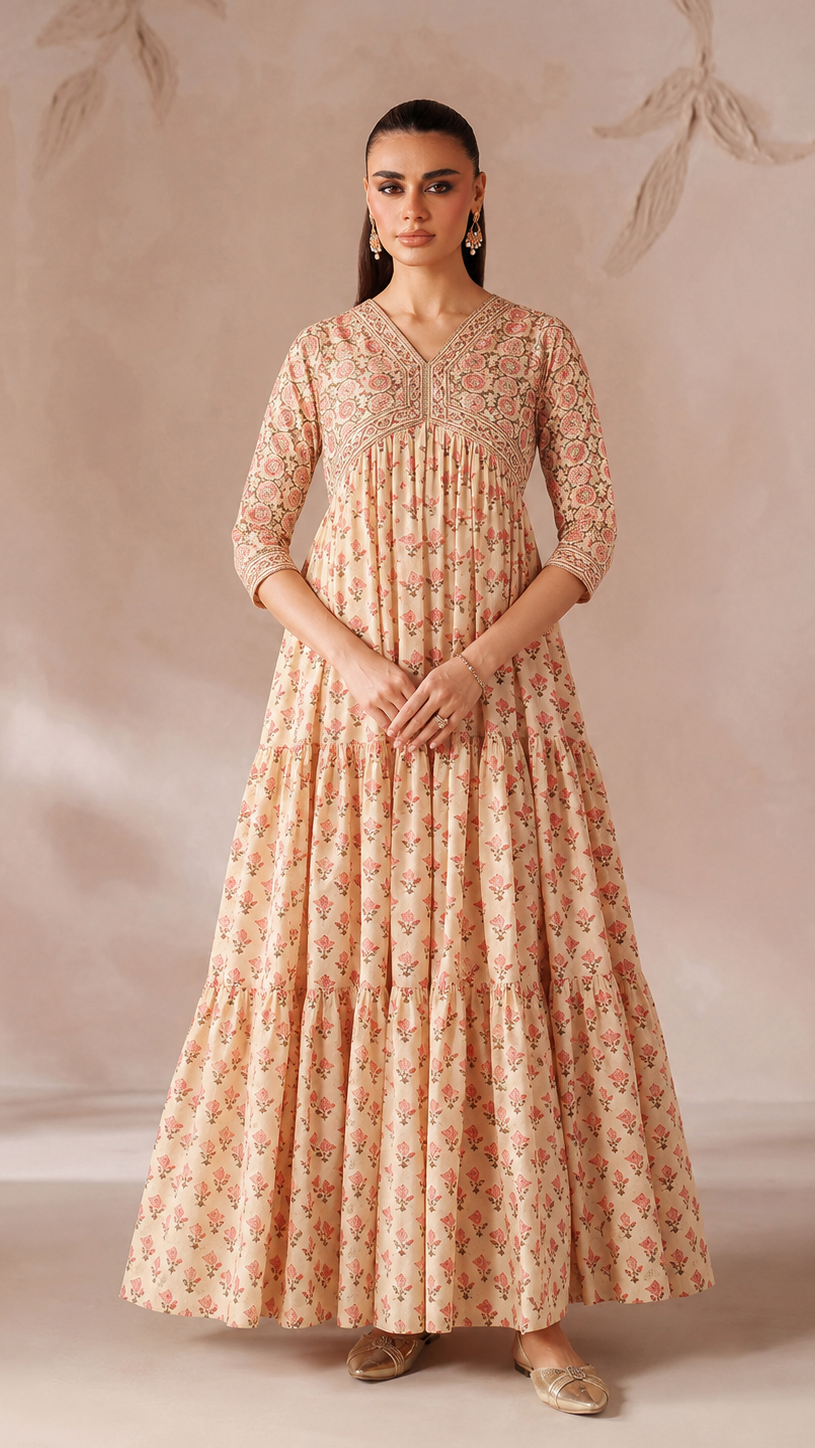 Peach cream women’s printed Anarkali maxi dress with tiered flared hem and embroidered yoke, modest Asian ethnic wear by Diya Online