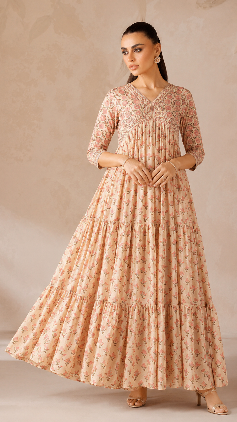 Peach cream women’s printed Anarkali maxi dress with tiered flared hem and embroidered yoke, modest Asian ethnic wear by Diya Online