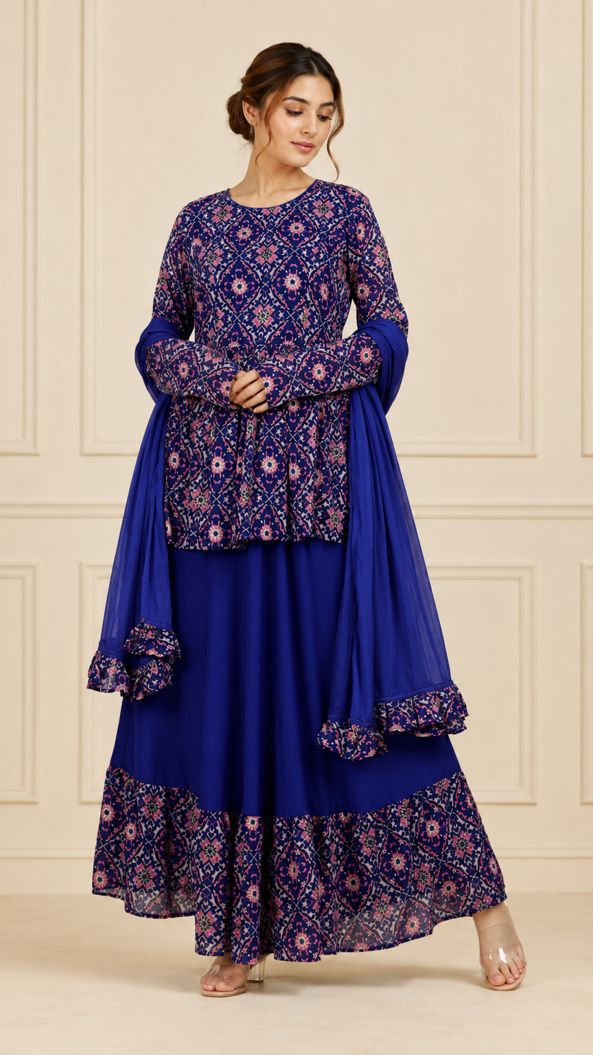 Royal blue women’s printed lehenga suit with peplum kurti, flared skirt and chiffon dupatta, elegant Asian occasion wear by Diya Online