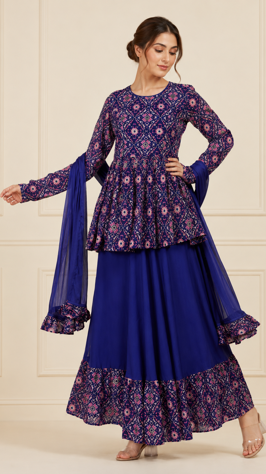 Royal blue women’s printed lehenga suit with peplum kurti, flared skirt and chiffon dupatta, elegant Asian occasion wear by Diya Online