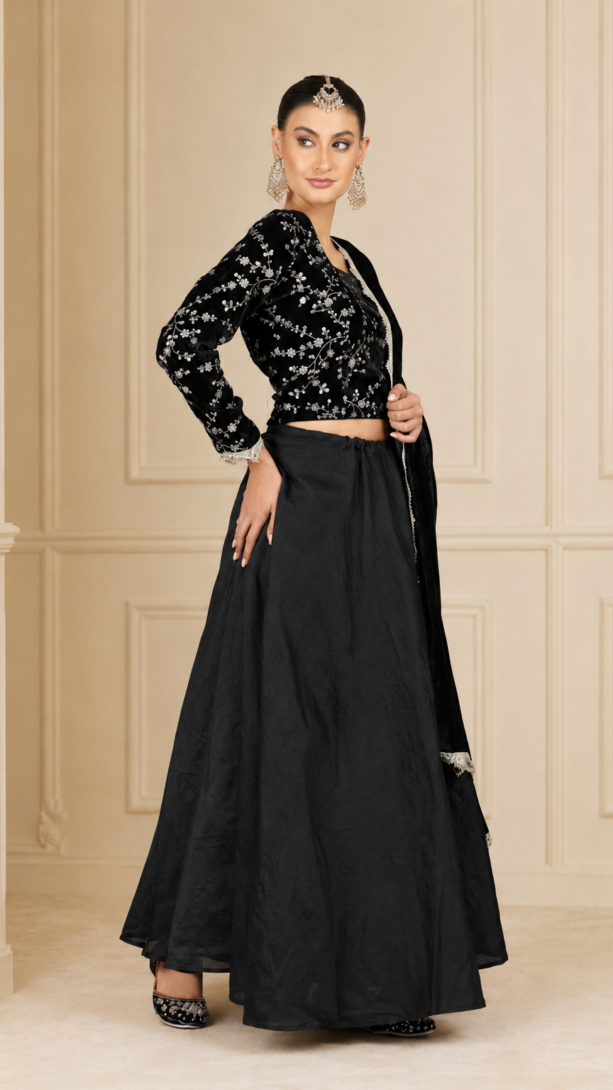 Black women’s embroidered lehenga suit with velvet dupatta, silver embellished blouse and flared skirt, elegant Asian occasion wear by Diya Online