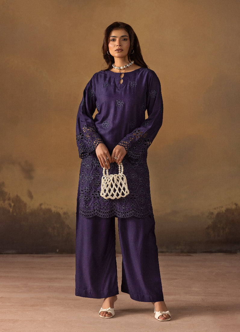 Elegant Navy Blue Linen Chikankari Co-Ord Set for Women