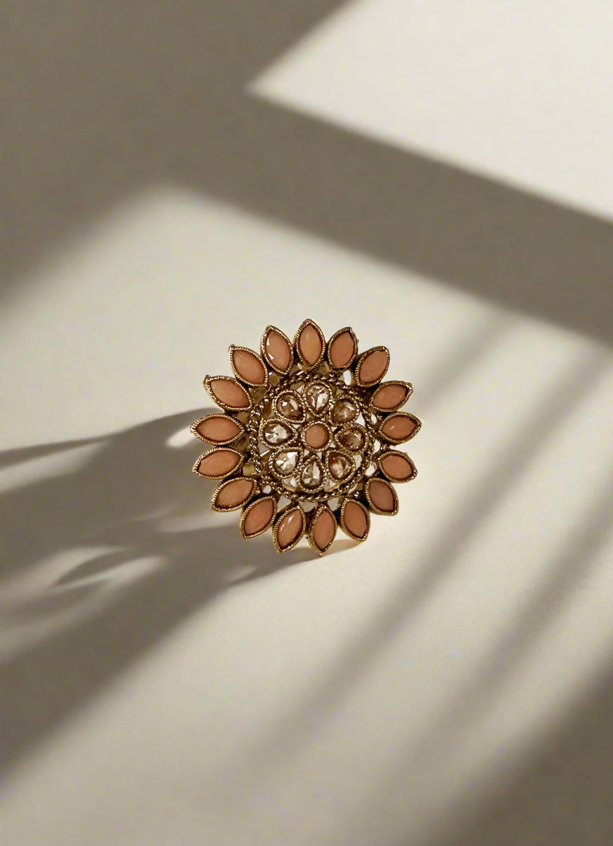 Peach Flower Reverse American Diamonte Stone Ring