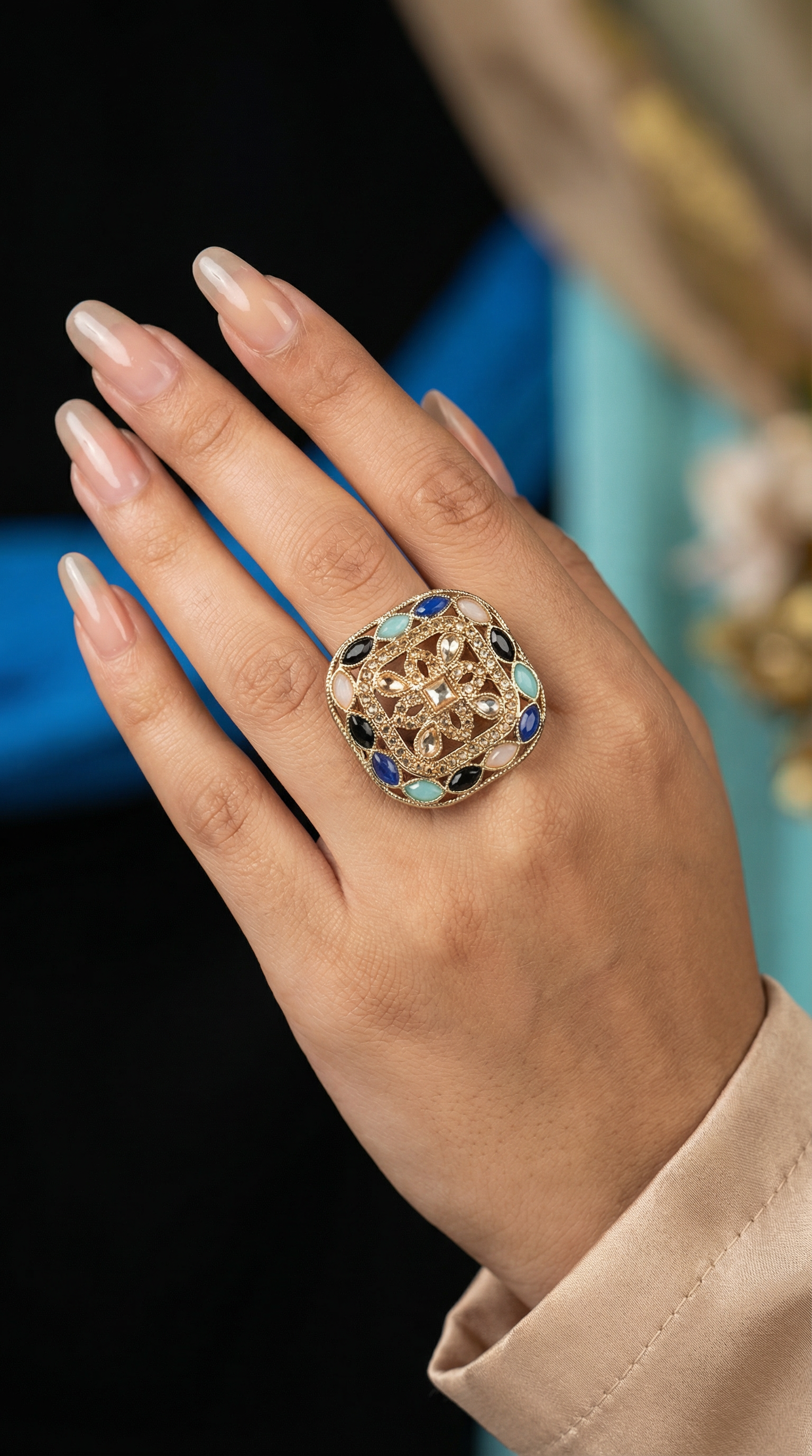 Multicolour Gold Plated Adjustable Finger Ring with Stones