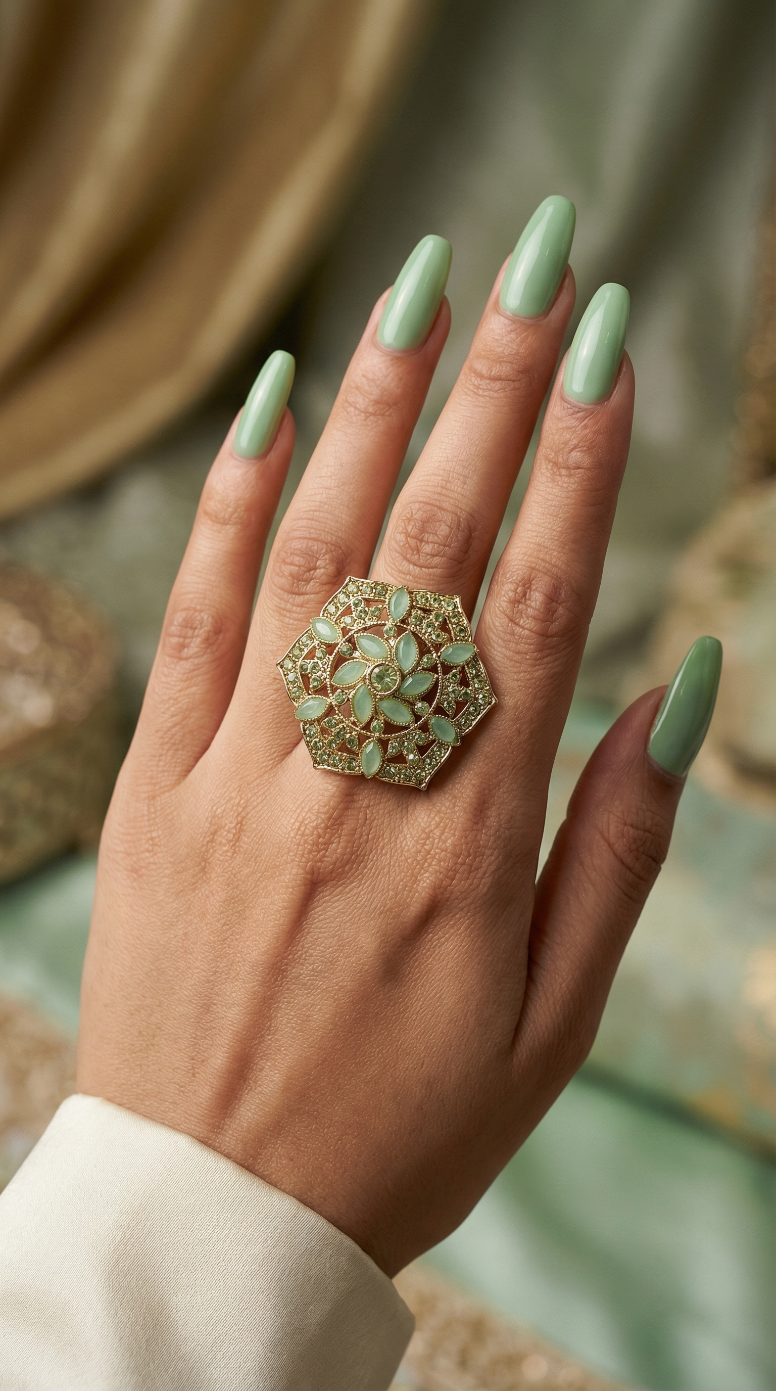 Mint Green Gold Plated Adjustable Finger Ring with Diamonte