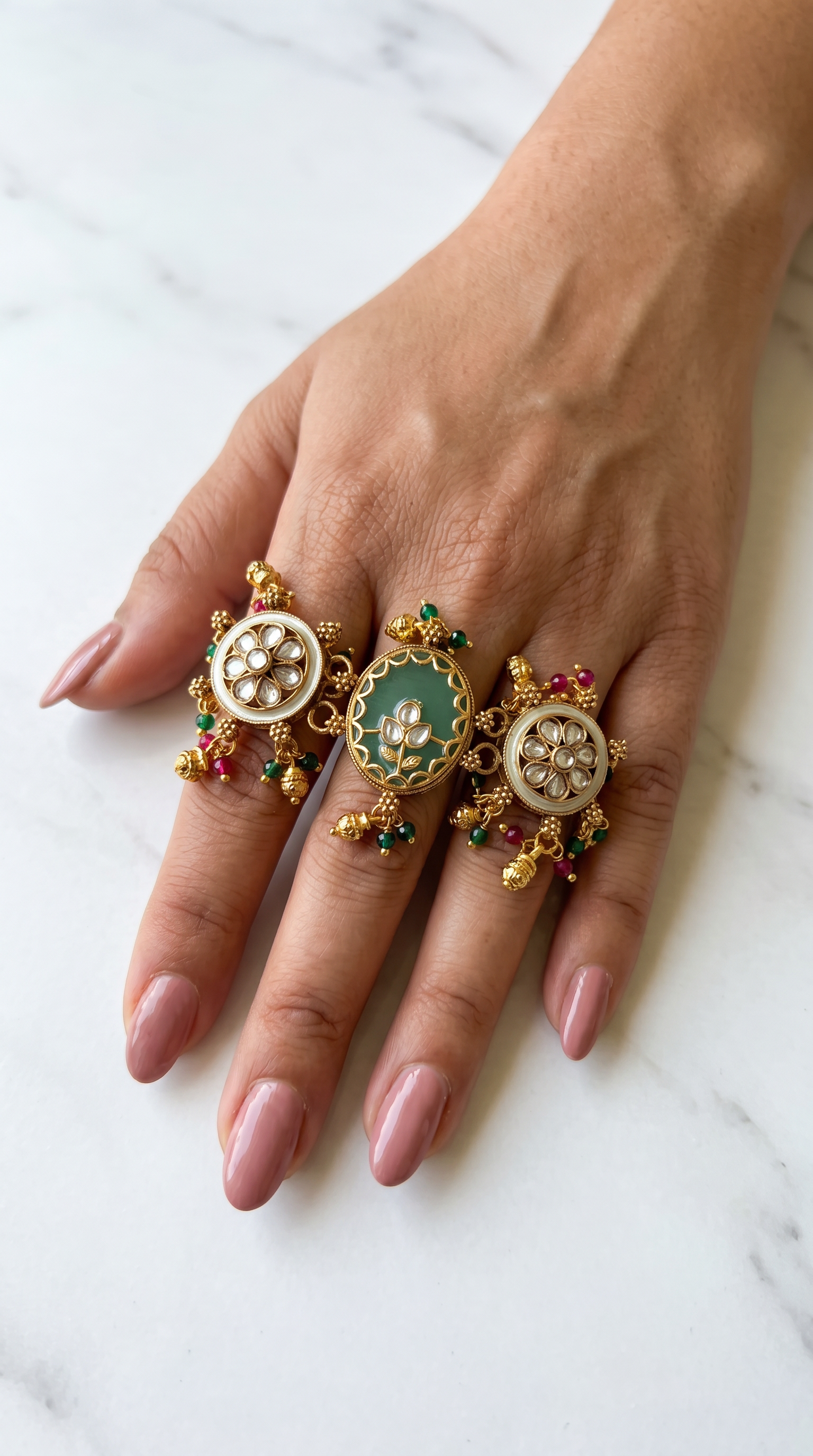 Trending Kashmiri Aqua Triple Finger Ring