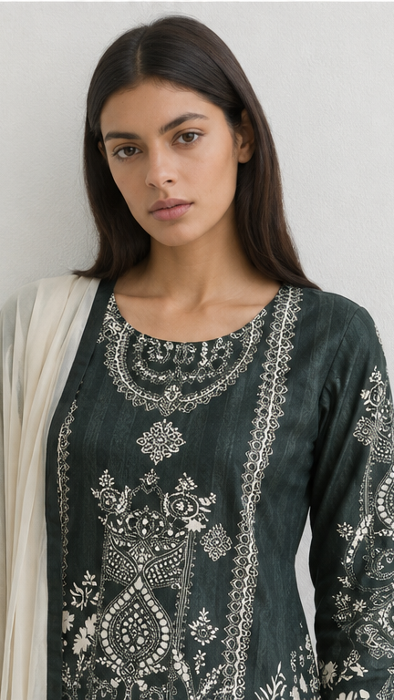Young woman wearing a dark green printed kurta set with intricate white paisley and floral motifs, matching trousers and an ivory dupatta with dark green border.