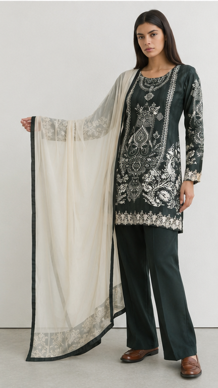 Young woman wearing a dark green printed kurta set with intricate white paisley and floral motifs, matching trousers and an ivory dupatta with dark green border.