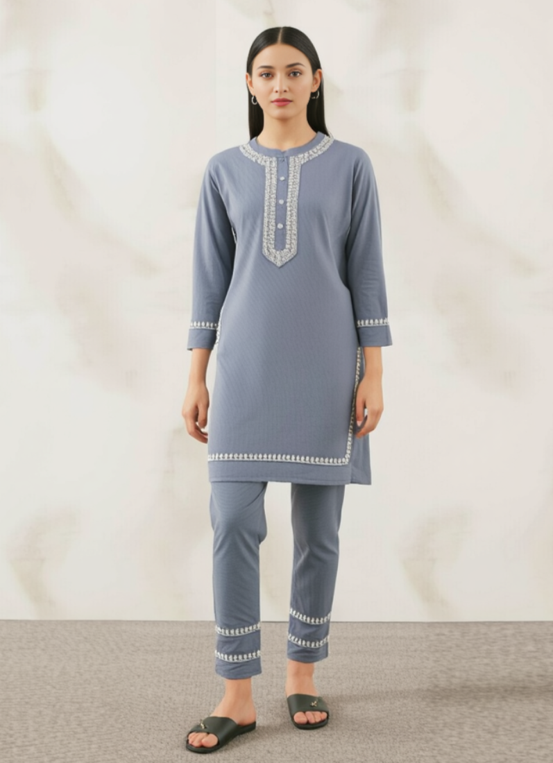 Grey Linen Embroidered Co-ord Set