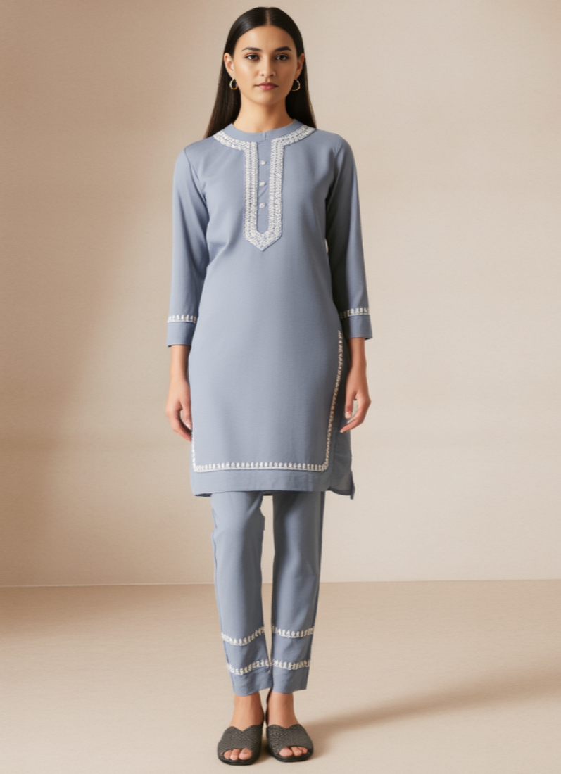 Grey Linen Embroidered Co-ord Set