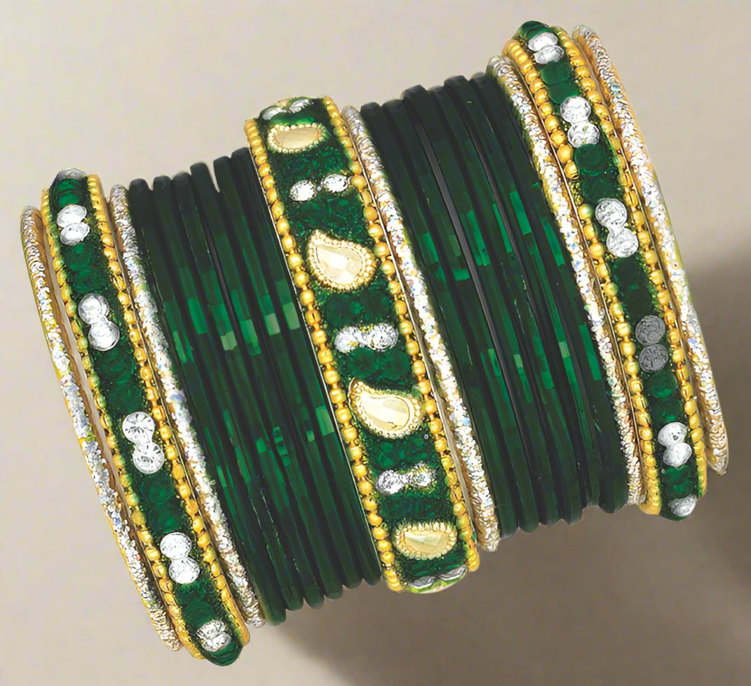 Buy Green Intricate Stone Bangle Set
