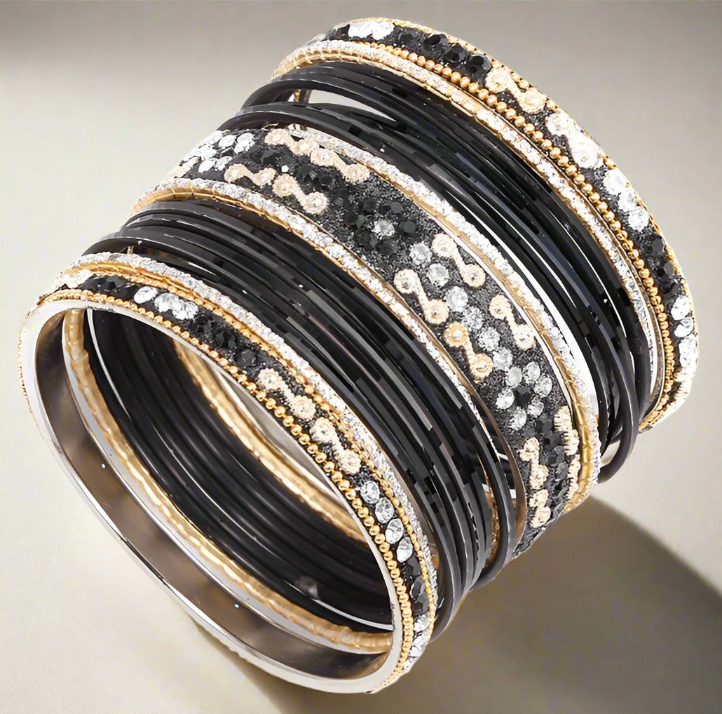 Buy Black Ornate Coloured Bangle Set