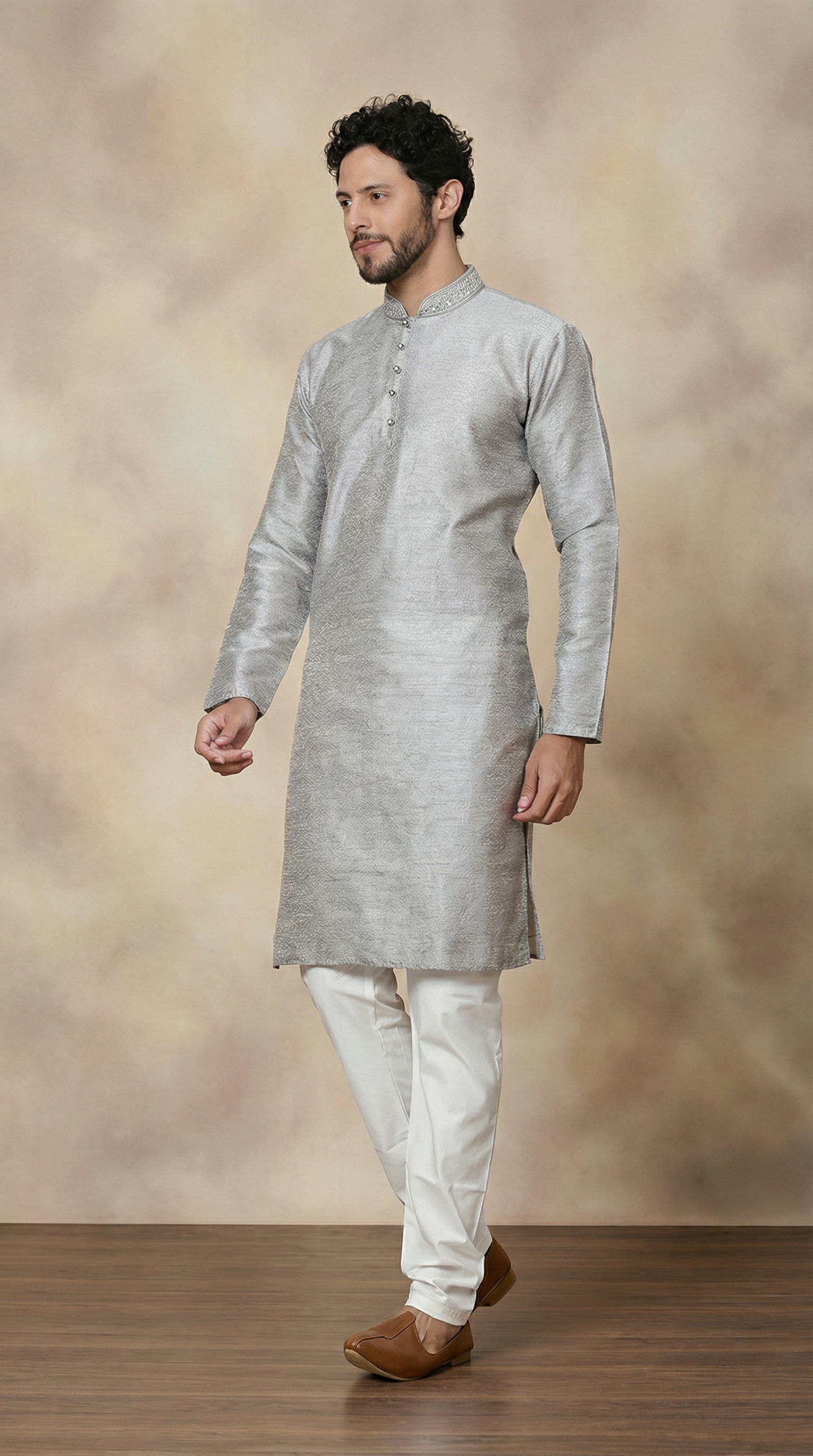 Grey Mirror Embroidered Resham Brocade Kurta Set
