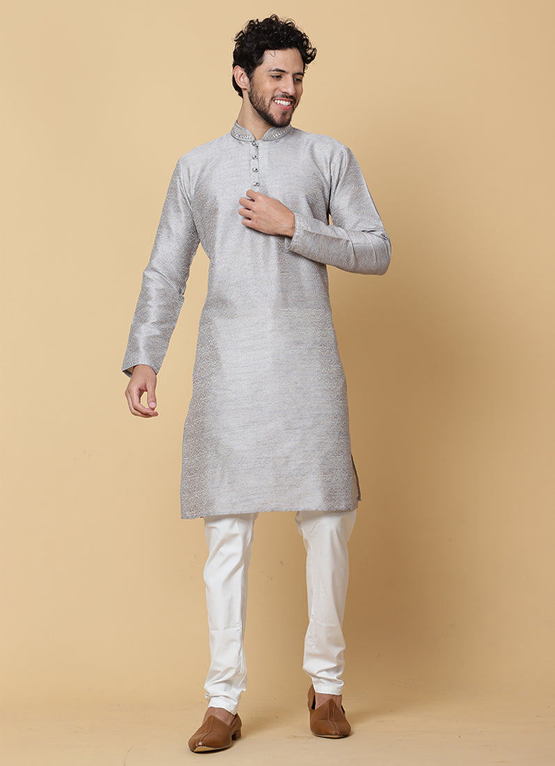 Buy Grey Mirror Embroidered Resham Brocade Kurta Set