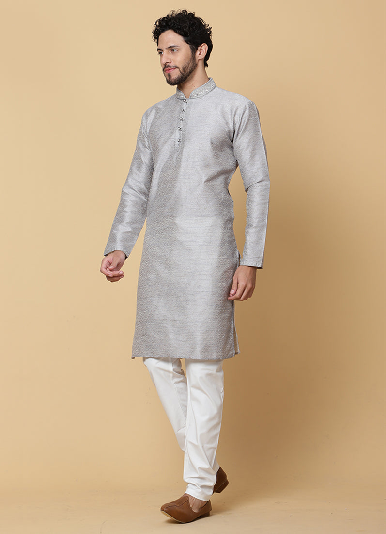 Buy Grey Mirror Embroidered Resham Brocade Kurta Set