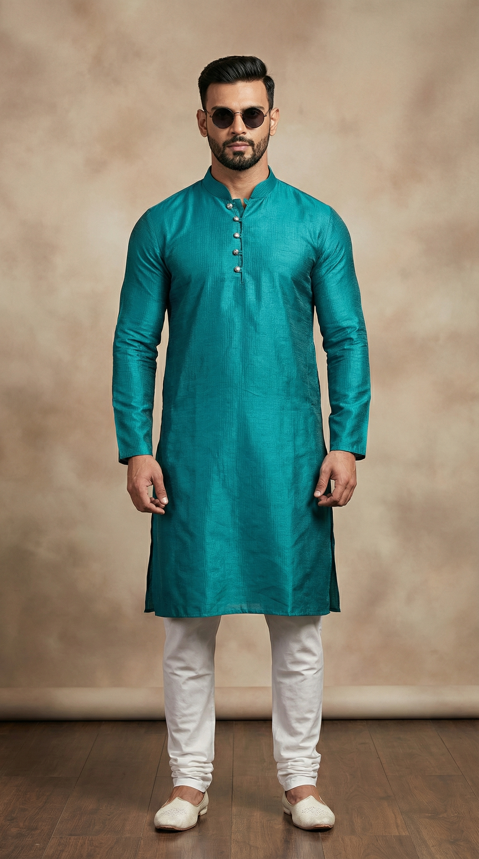 Men's Teal Blue Embroidered Kurta Payjama Set