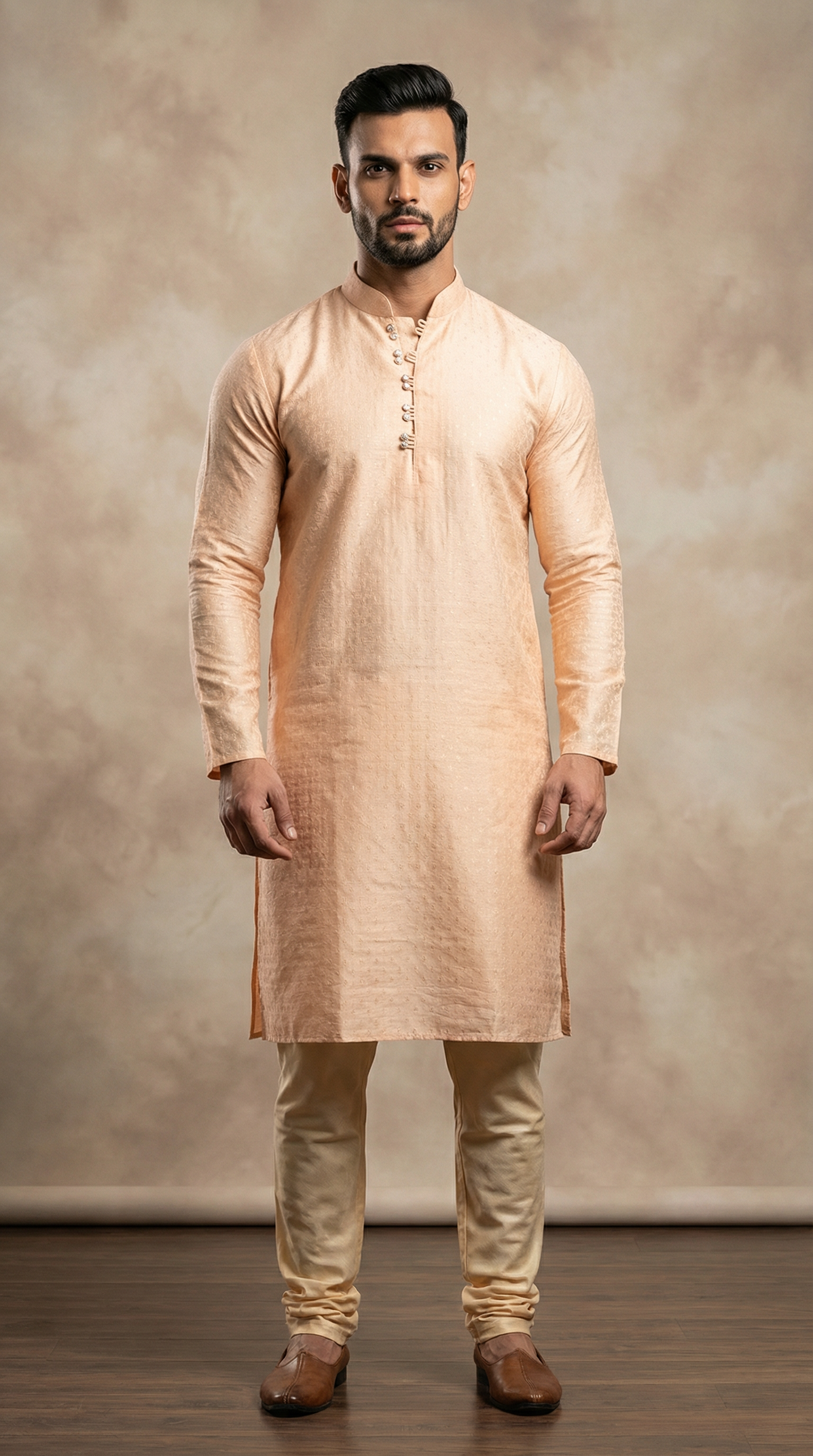 Men's Peach Brocade Kurta Payjama Set