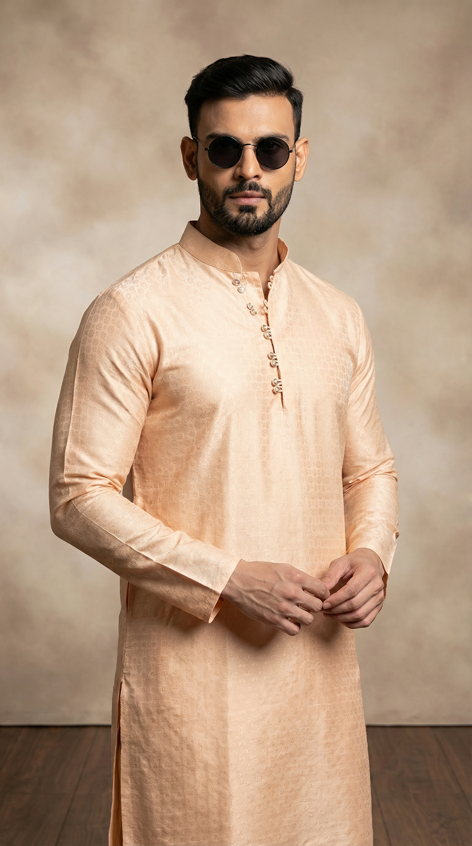 Men's Peach Brocade Kurta Payjama Set