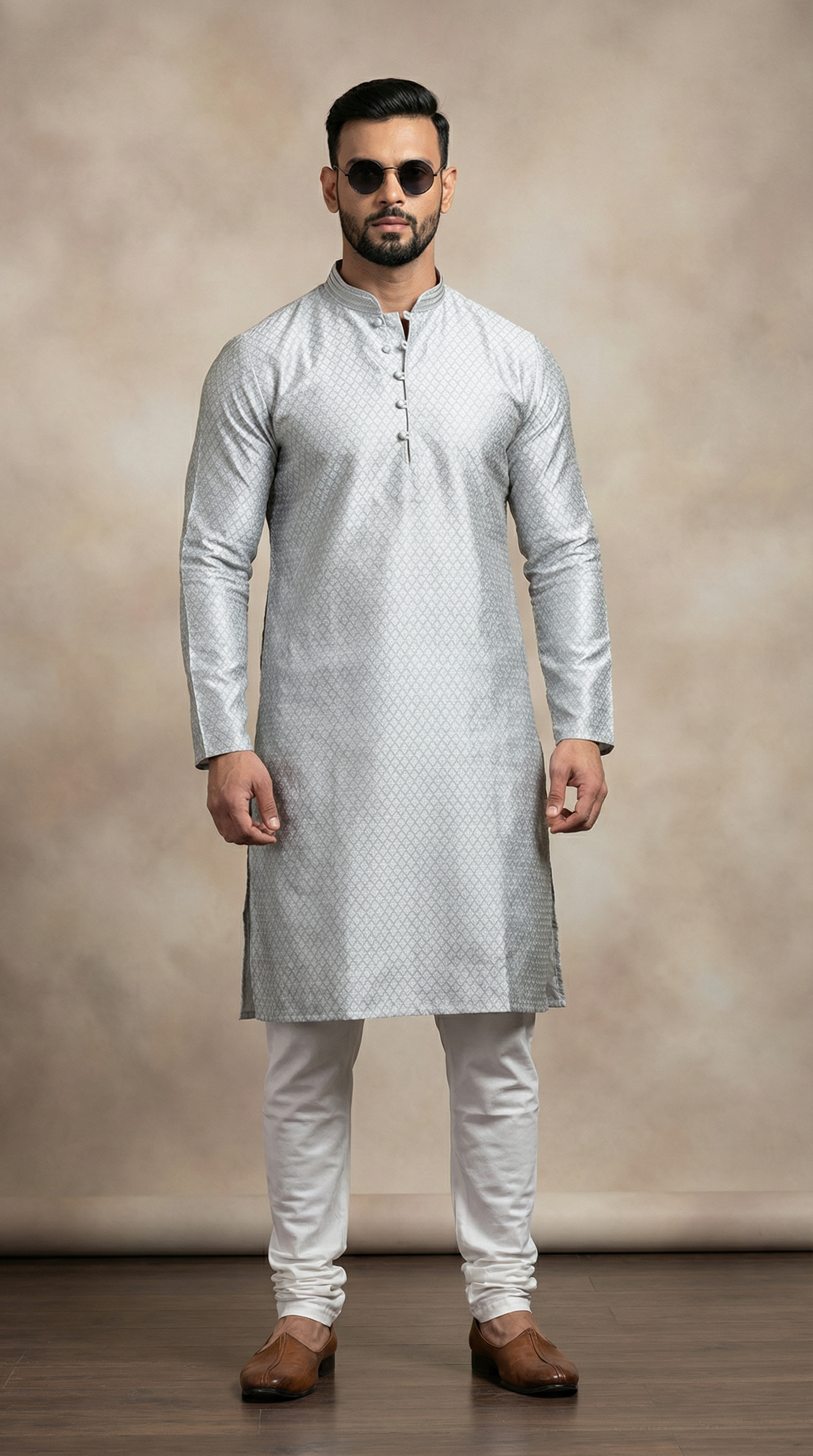 Men's Grey Self Brocade Kurta Payjama Set