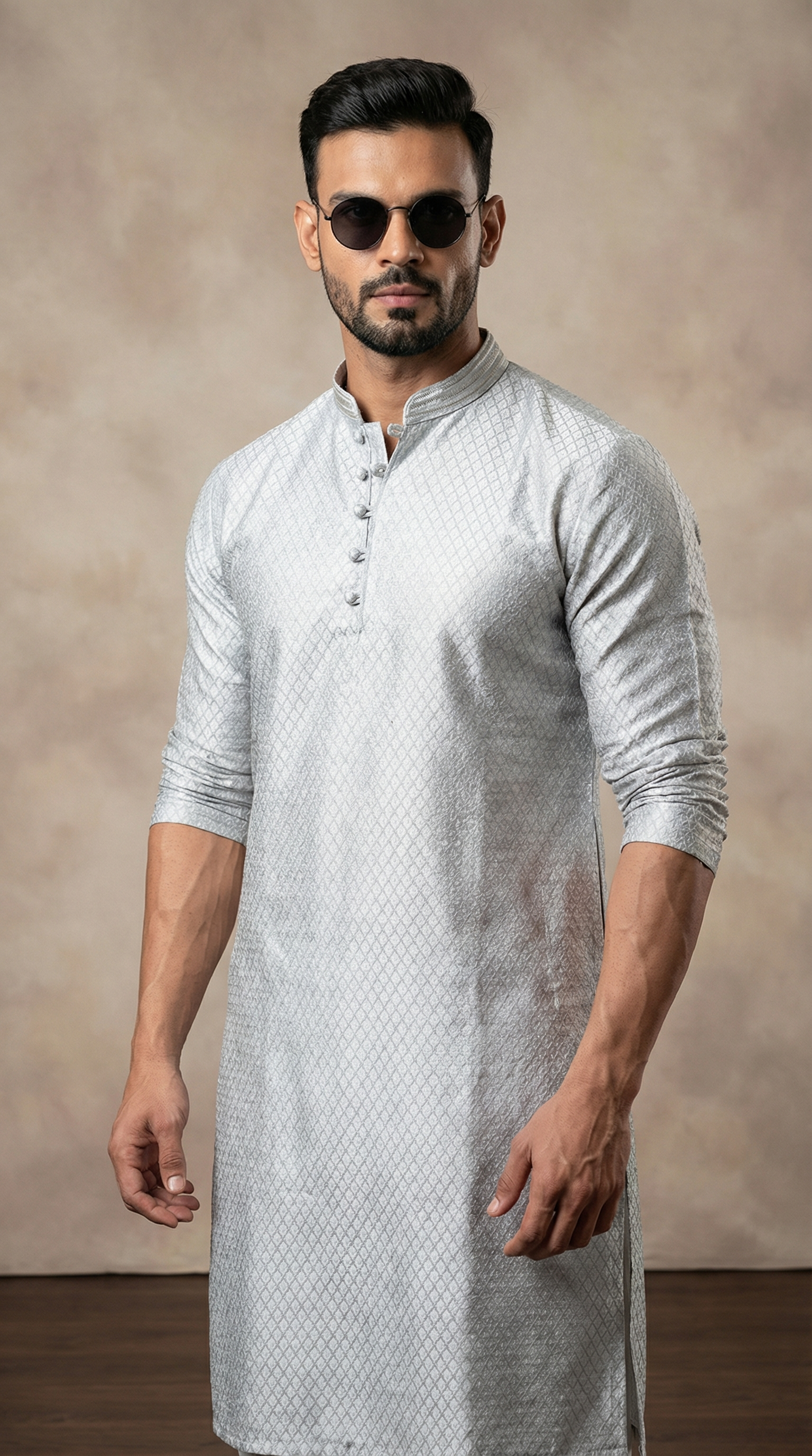 Men's Grey Self Brocade Kurta Payjama Set