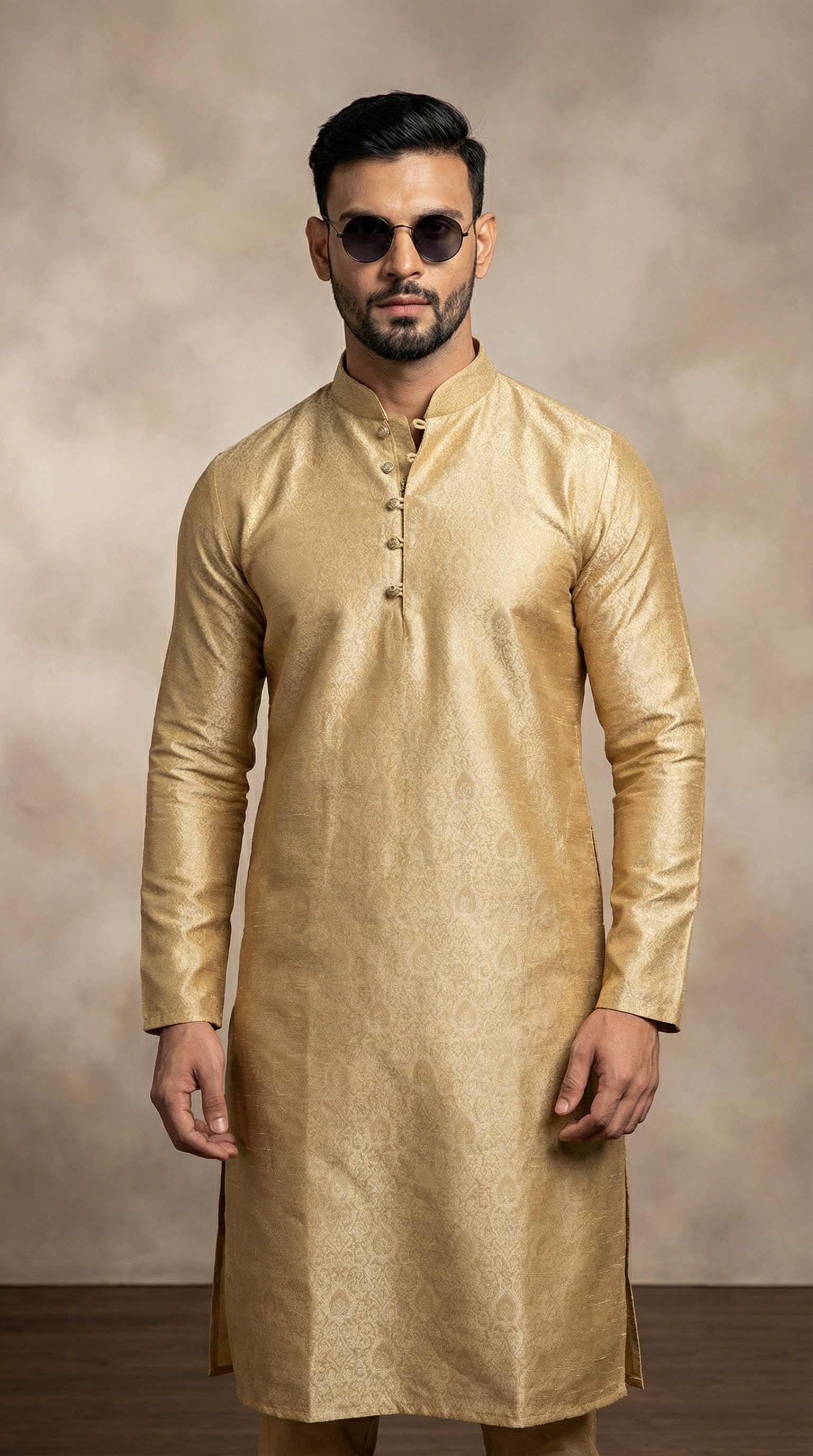 Men's Gold Self Jacquard Kurta Payjama Set