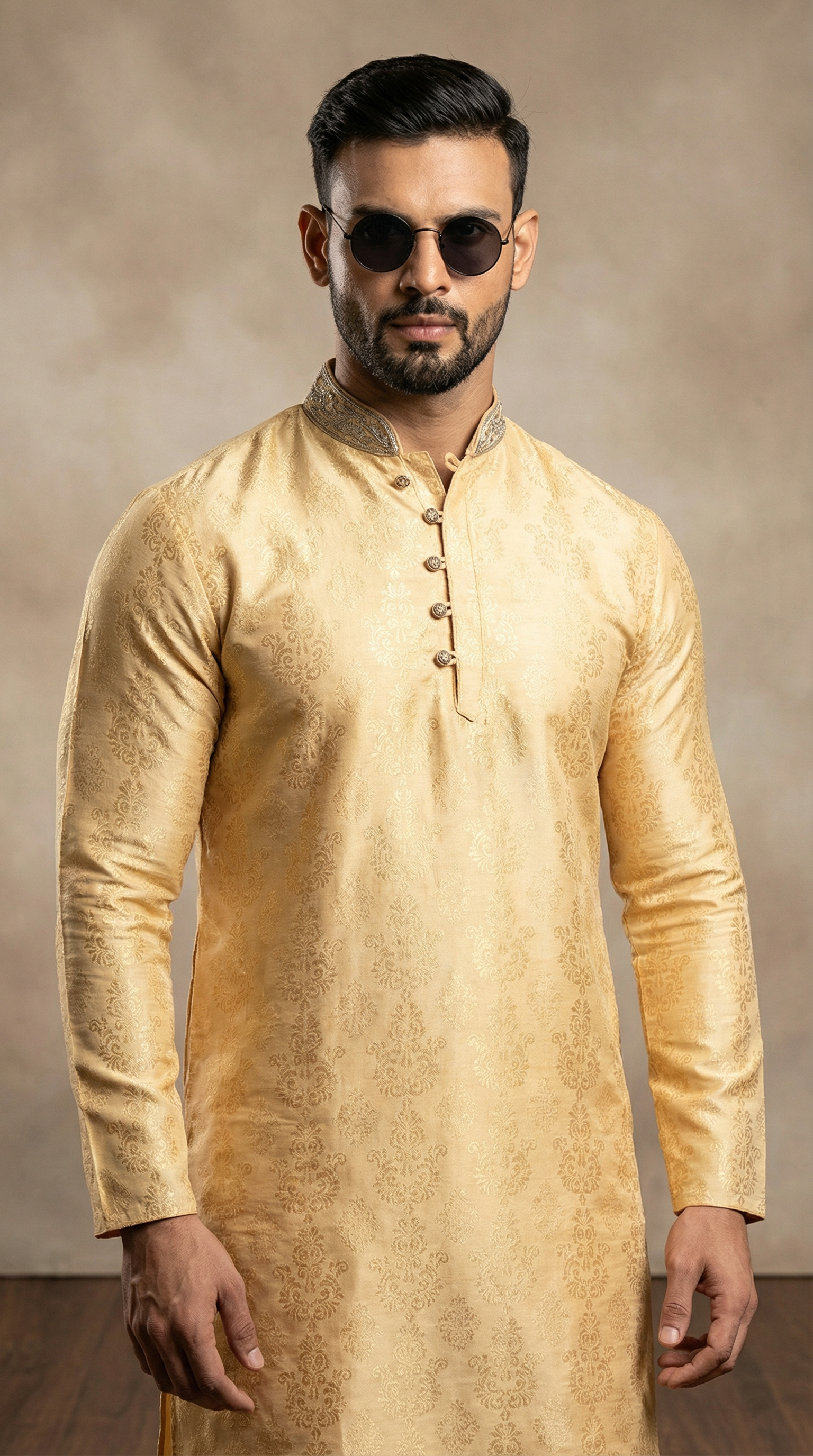 Men's Gold Self Brocade Embroidered Collar Set