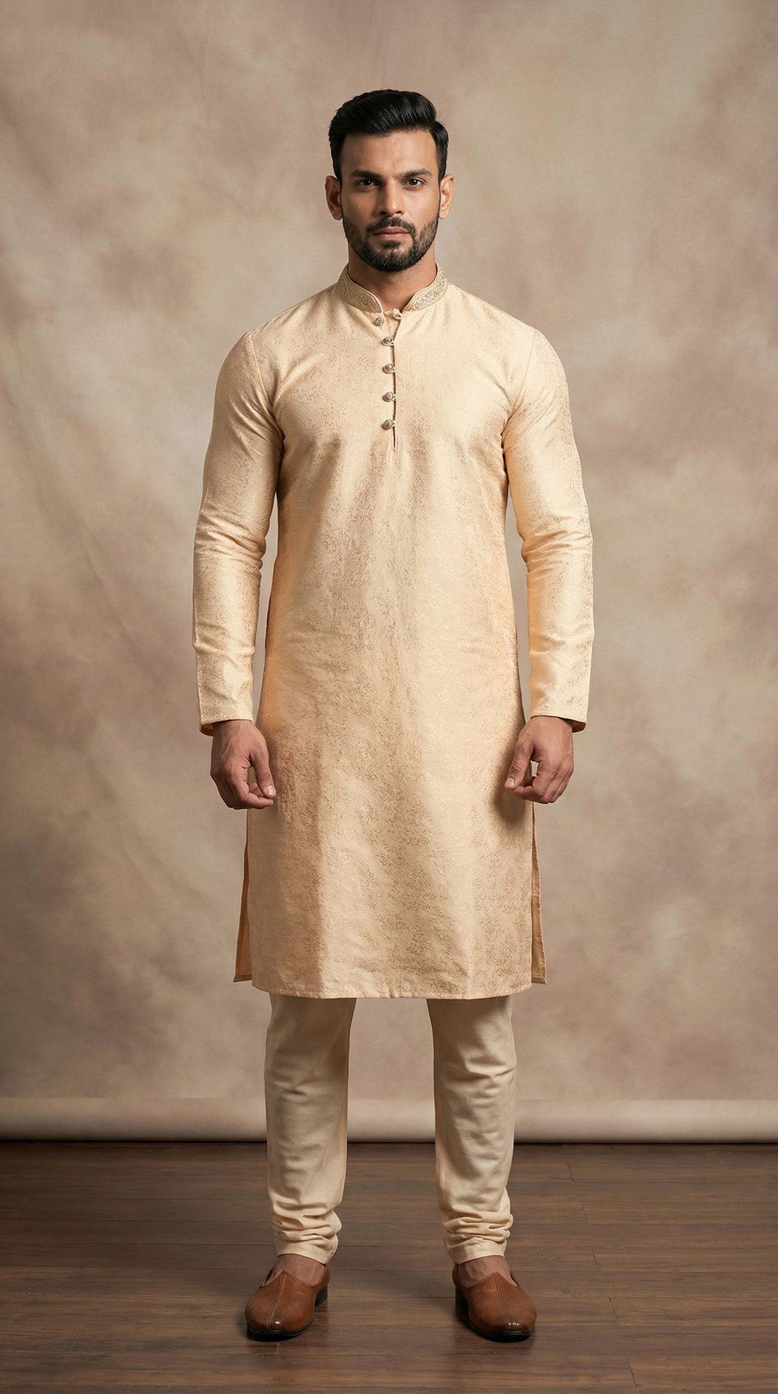 Men's Light Gold Self Brocade Embroidered Collar Kurta Pyjama
