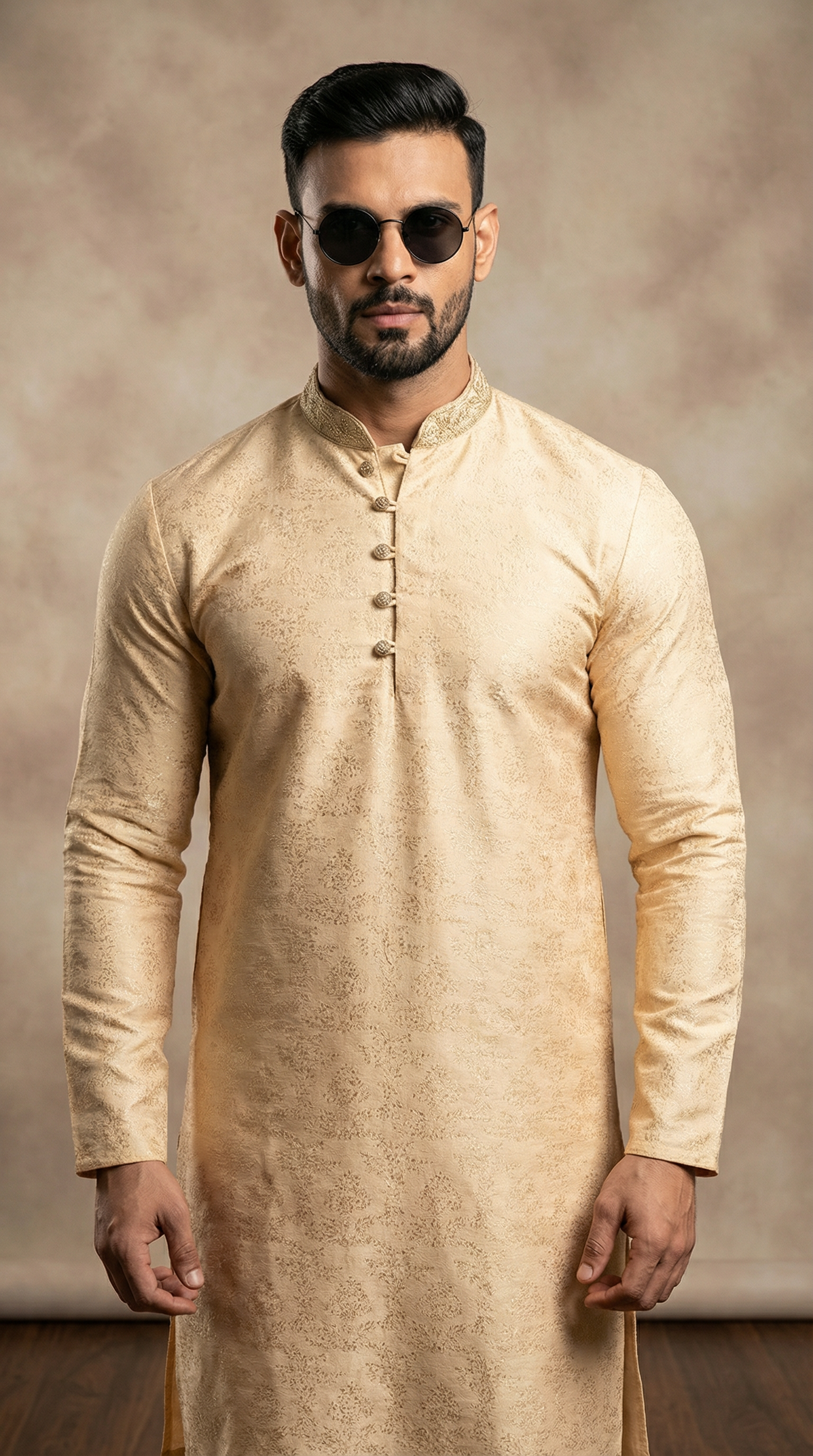Men's Light Gold Self Brocade Embroidered Collar Kurta Pyjama