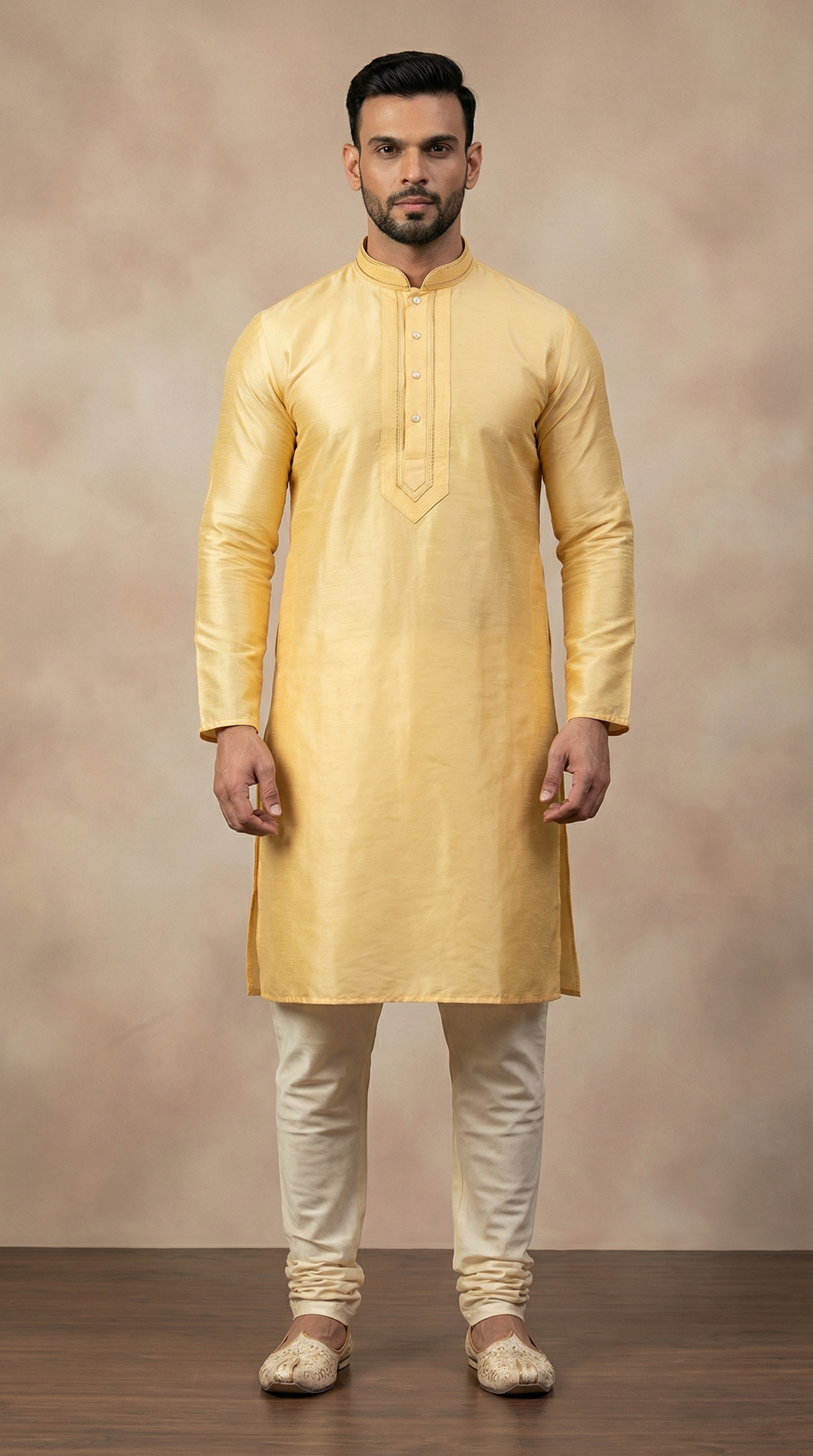 Men's Gold jacquard Resham Embroidered Kurta Pyjama Set