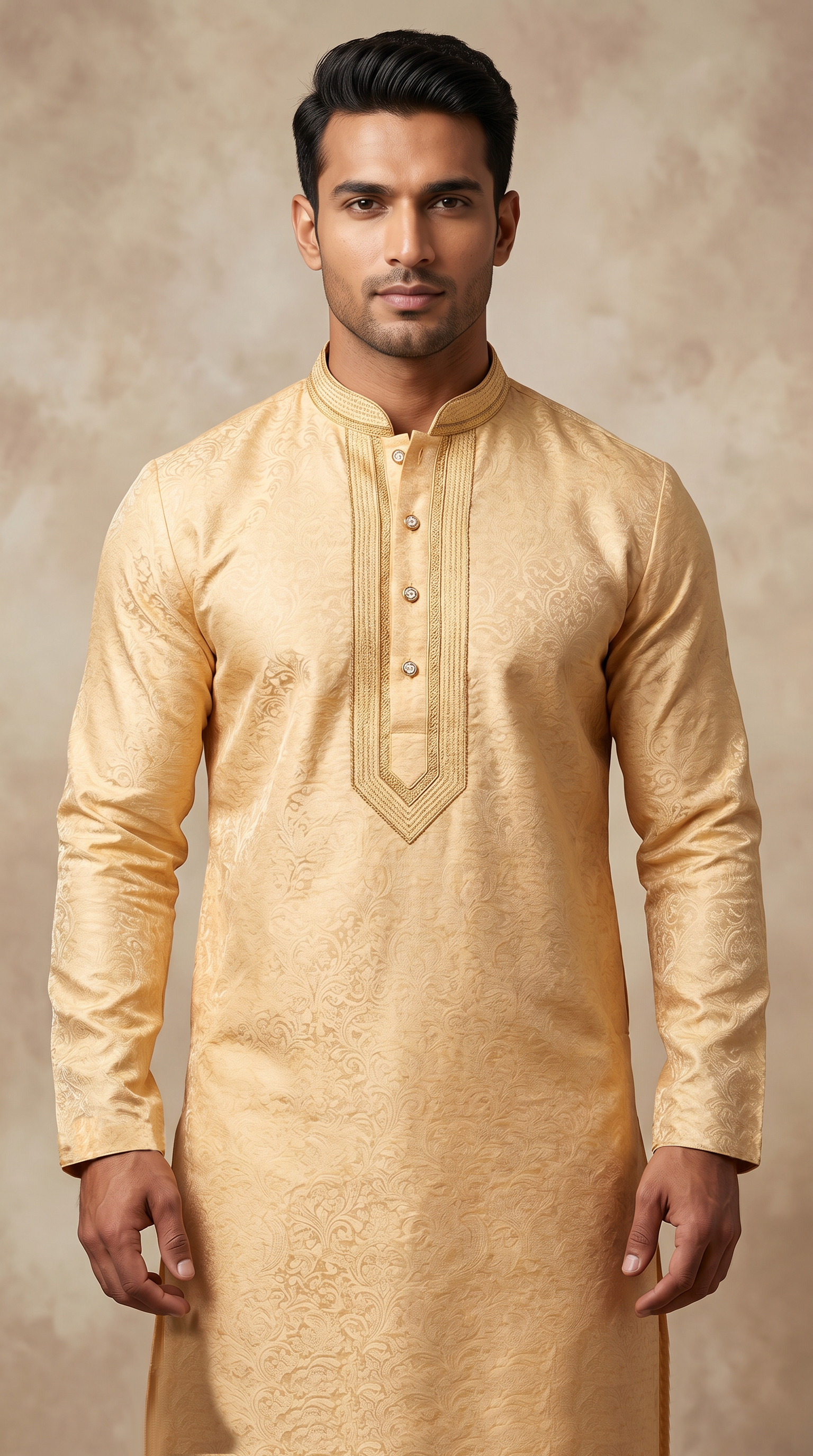 Men's Gold jacquard Resham Embroidered Kurta Pyjama Set