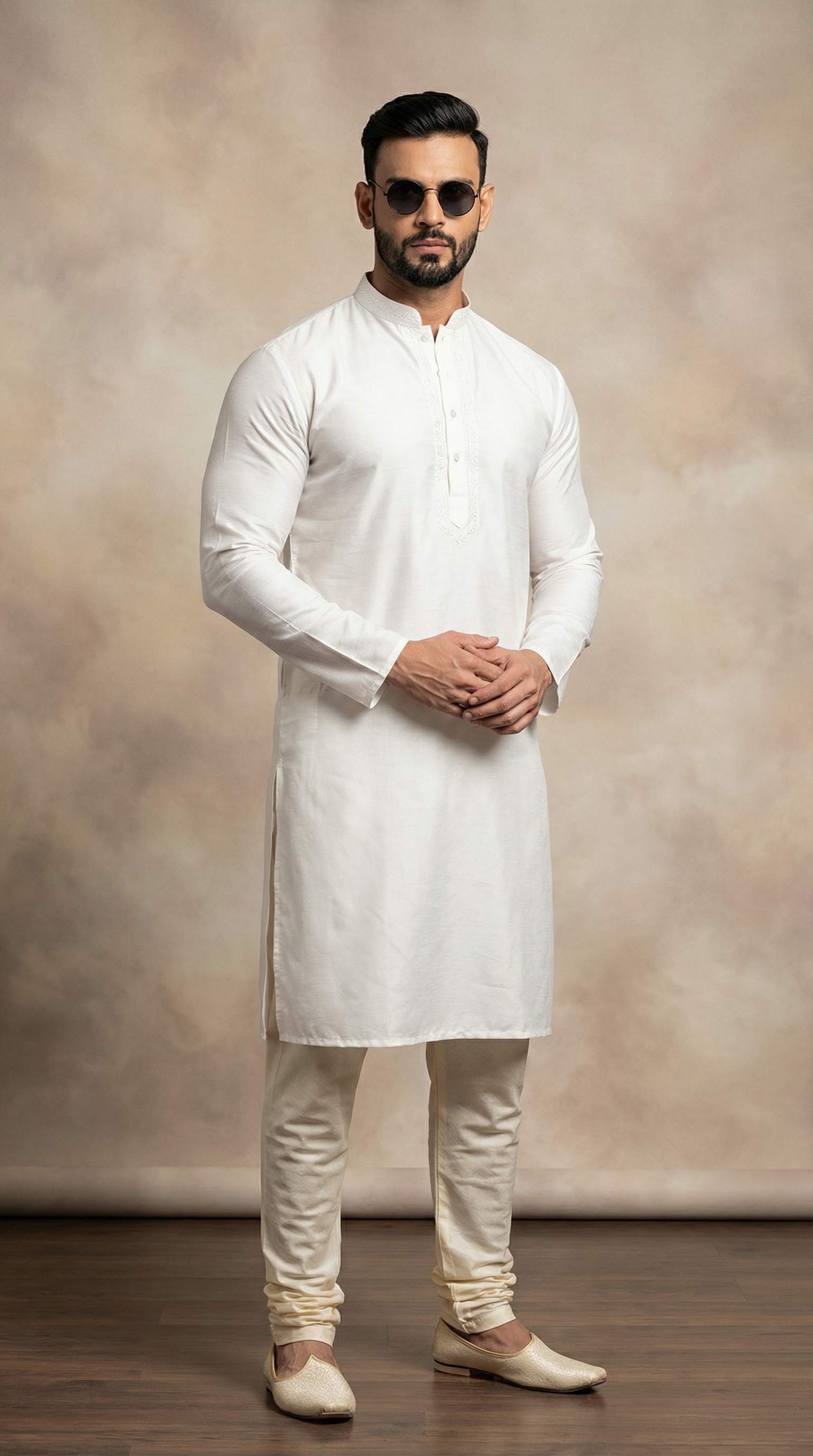 Men's Cream jacquard Resham Embroidered Payjama Set