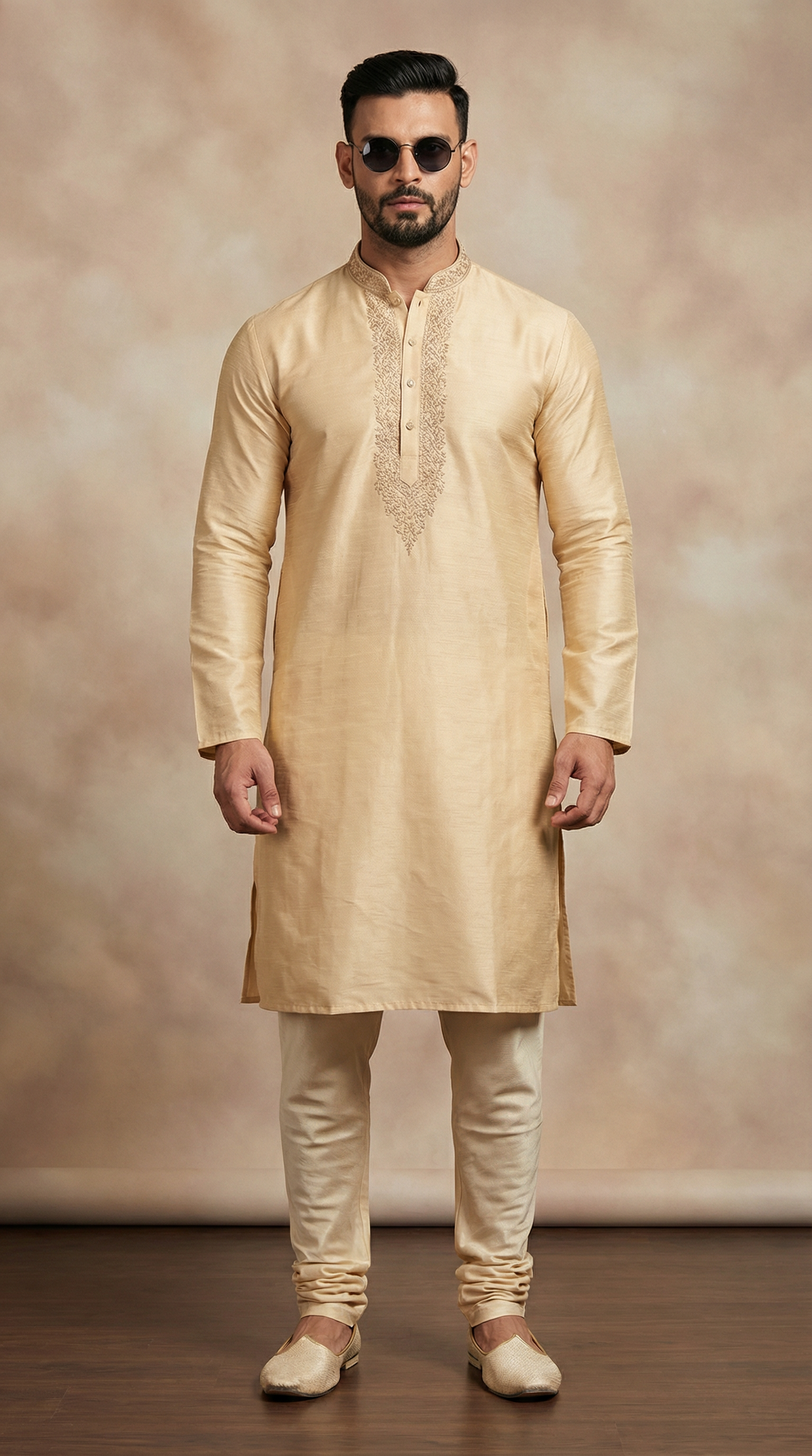 Men's Gold Self Resham Brocade Zari Embroidered Kurta Pyjama