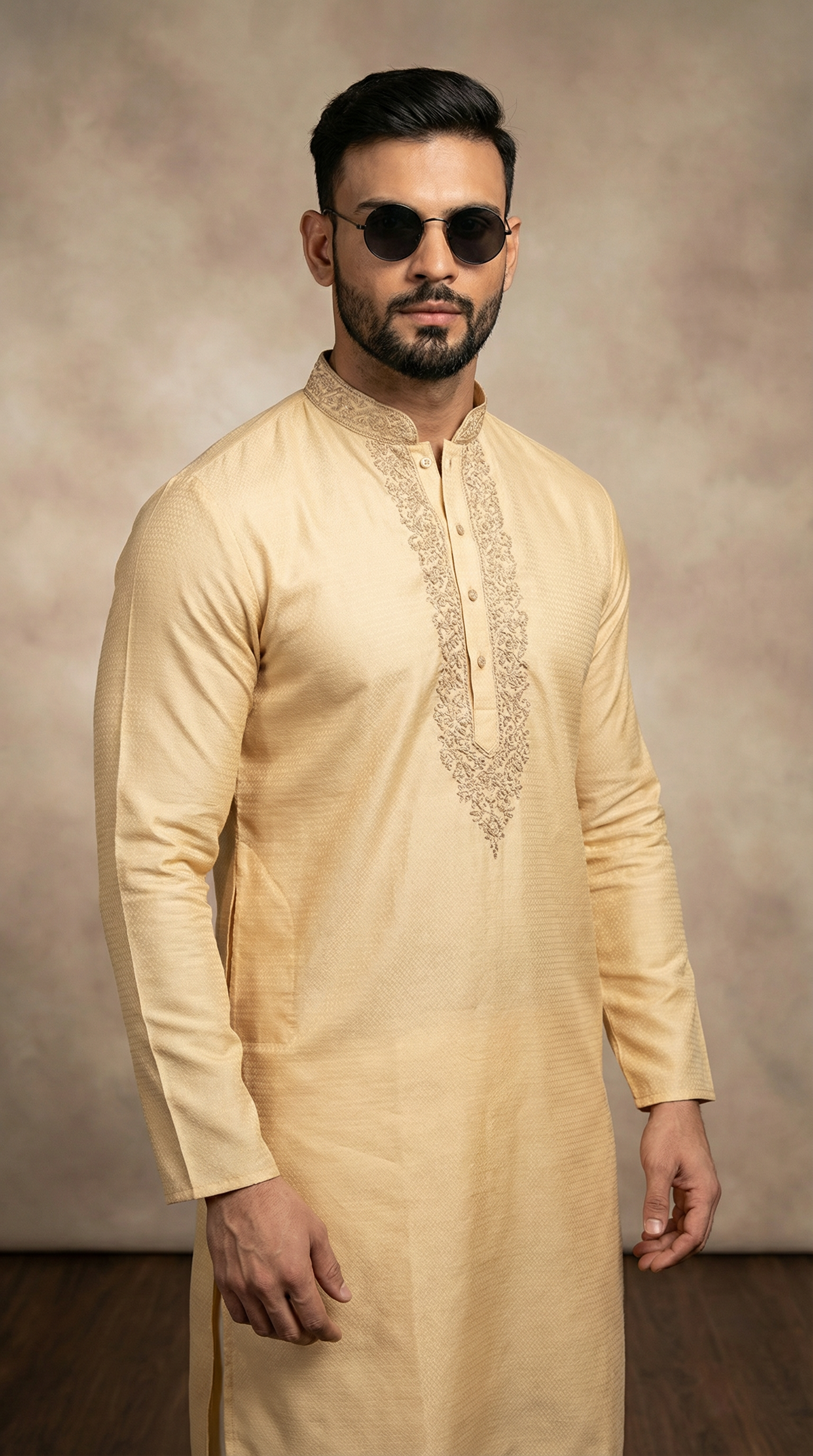 Men's Gold Self Resham Brocade Zari Embroidered Kurta Pyjama