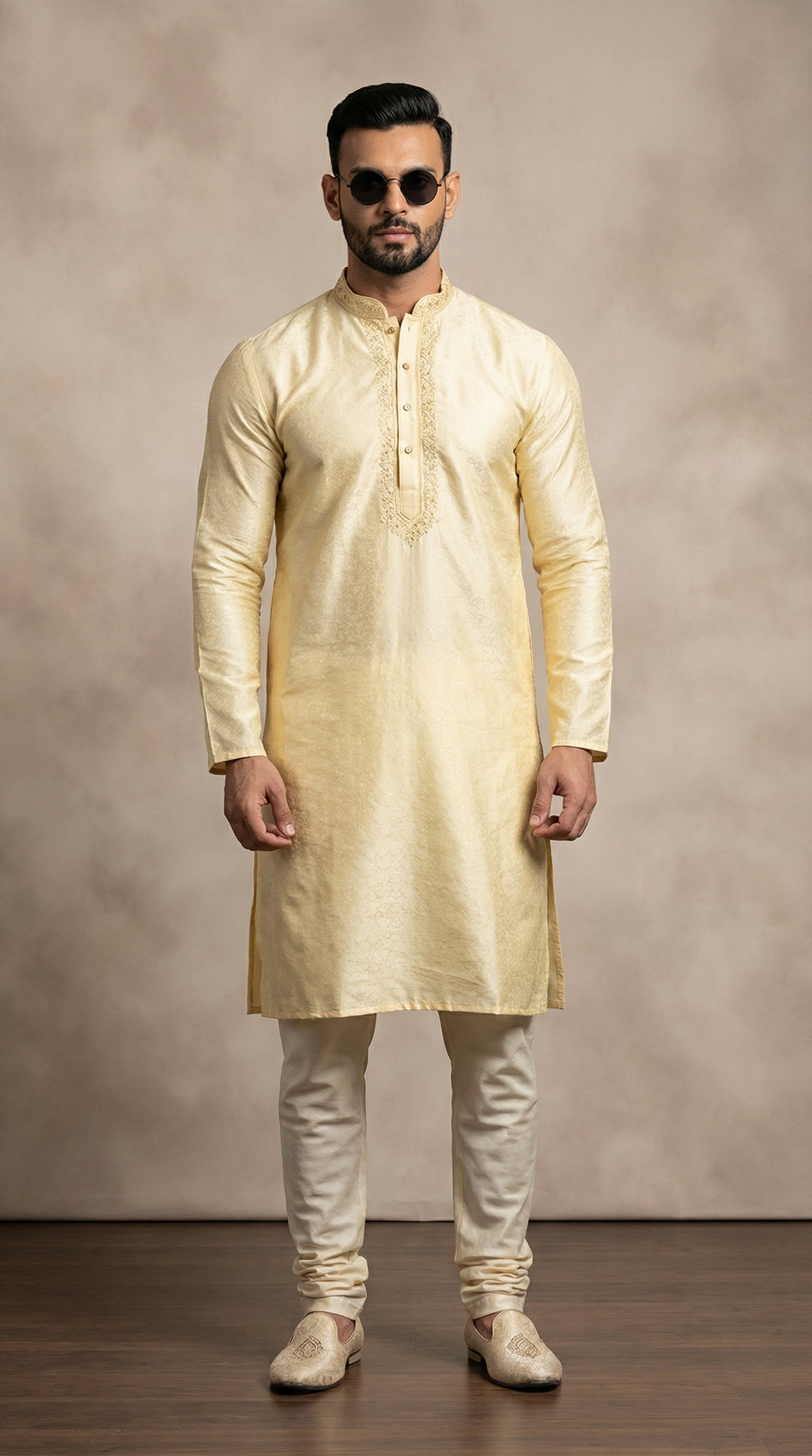 Men's Gold Resham Brocade Embroidered Kurta Payjama Set
