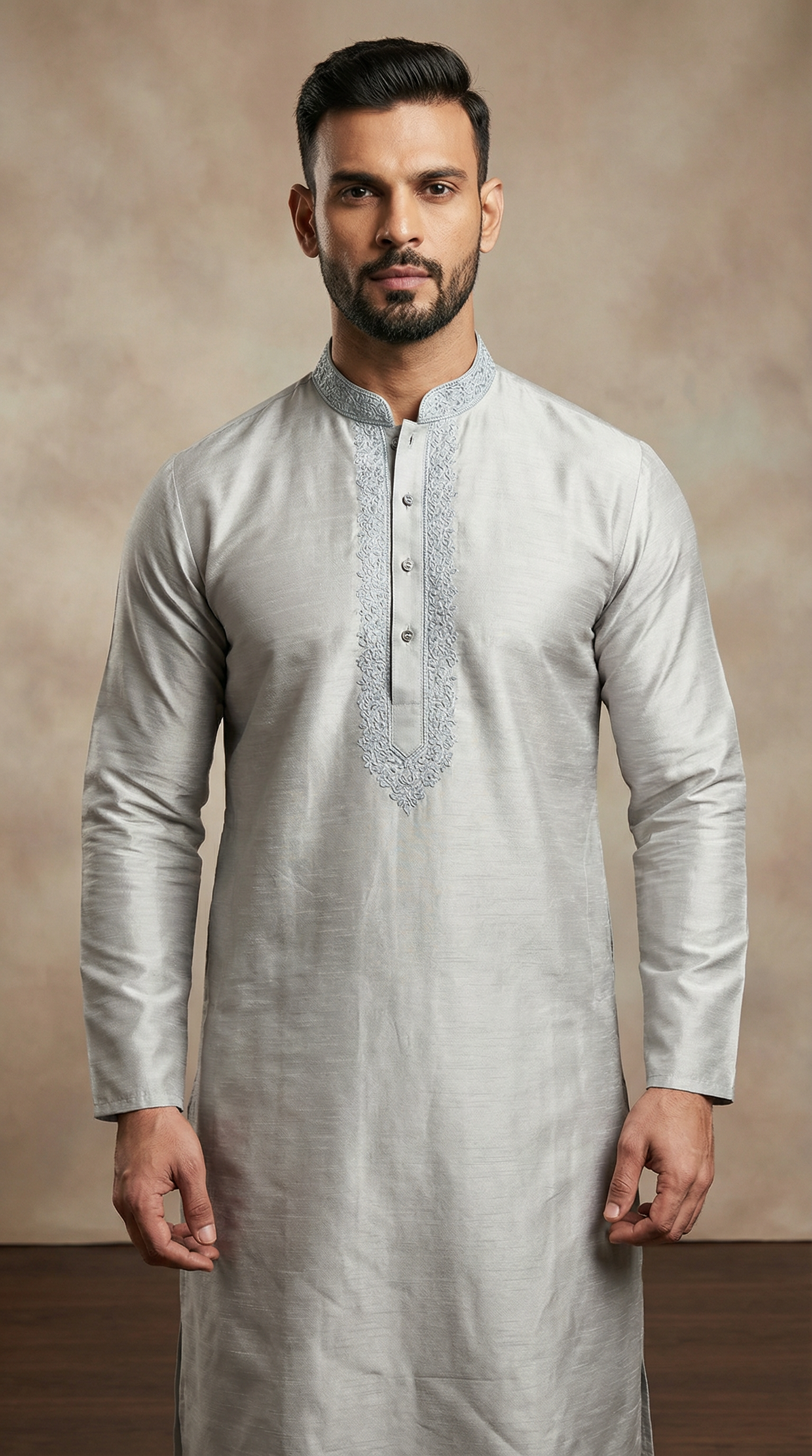 Men's Grey Zari Embroidered Kurta Payjama Set