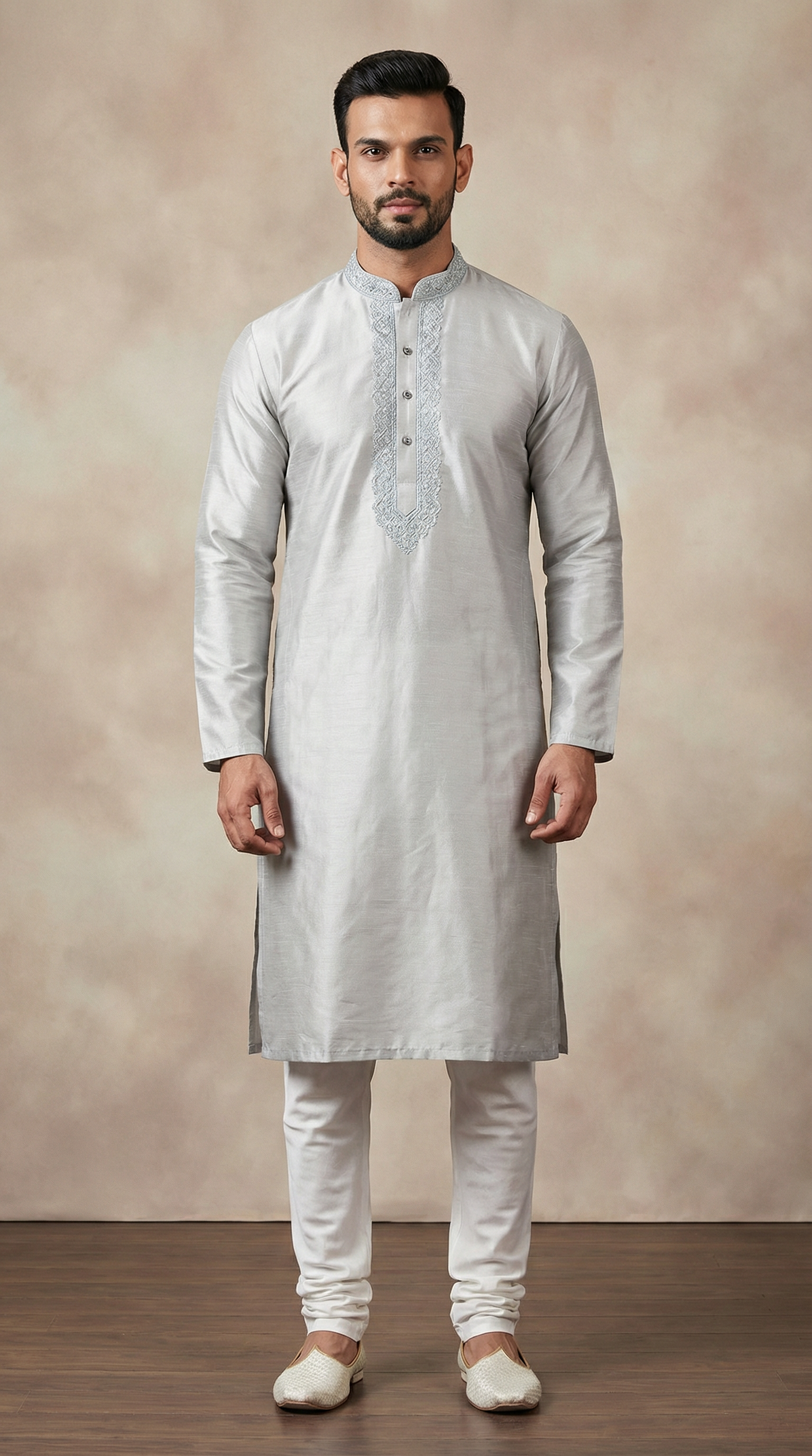 Men's Grey Zari Embroidered Kurta Payjama Set