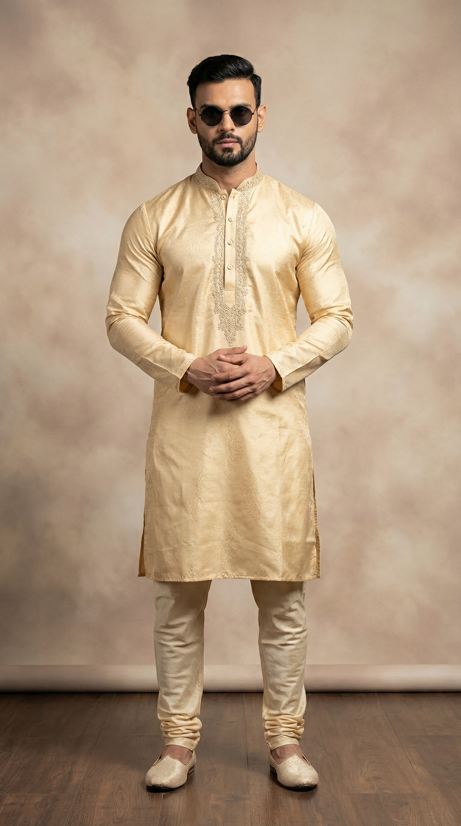Men's Cream Jacquard Zari Embroidered Kurta Payjama Set