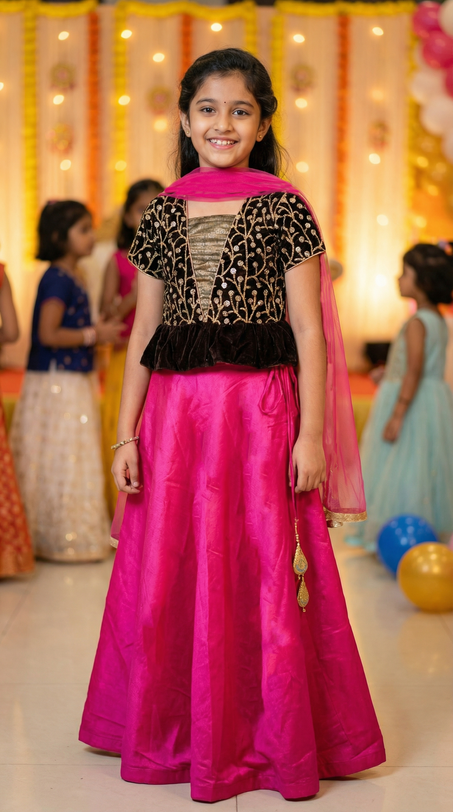 Wine Velvet Peplum Top with Pink Silk Skirt & Net Dupatta