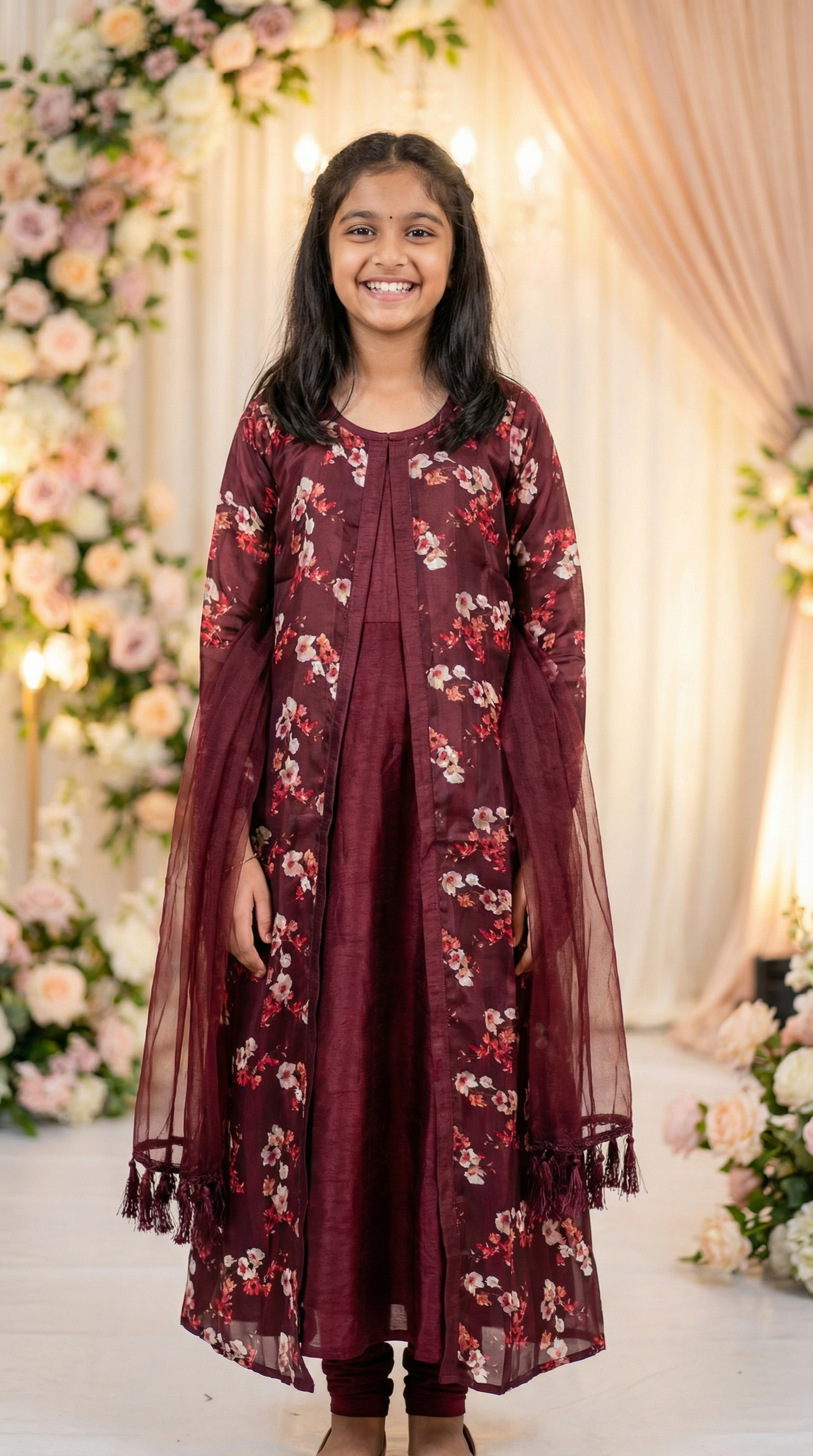Floral Satin Georgette A-Line Jacket with Wine Dress & Dupatta