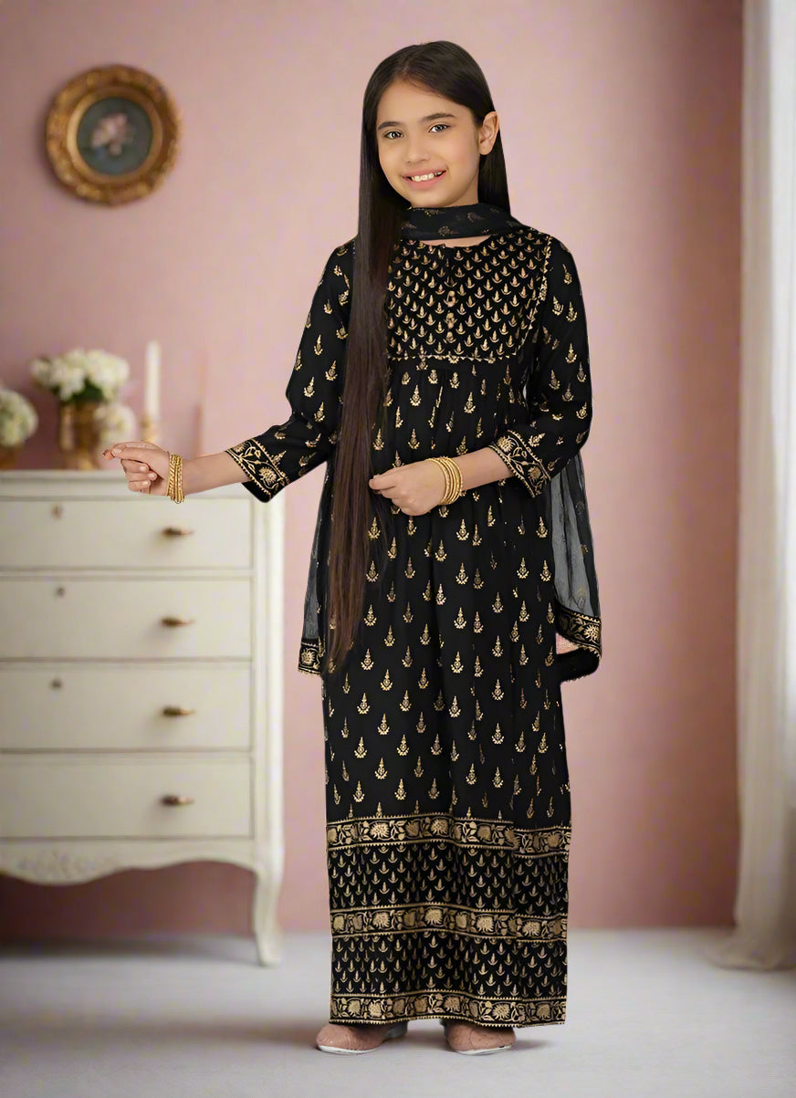 Buy Kids Black Rayon Printed Bias Cut Suit Set