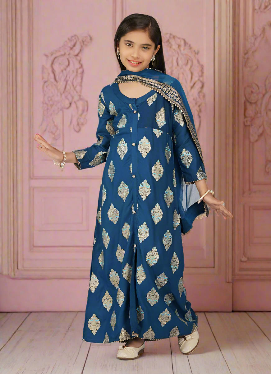 Buy Kids Teal Rayon Printed A-Line Suit Set