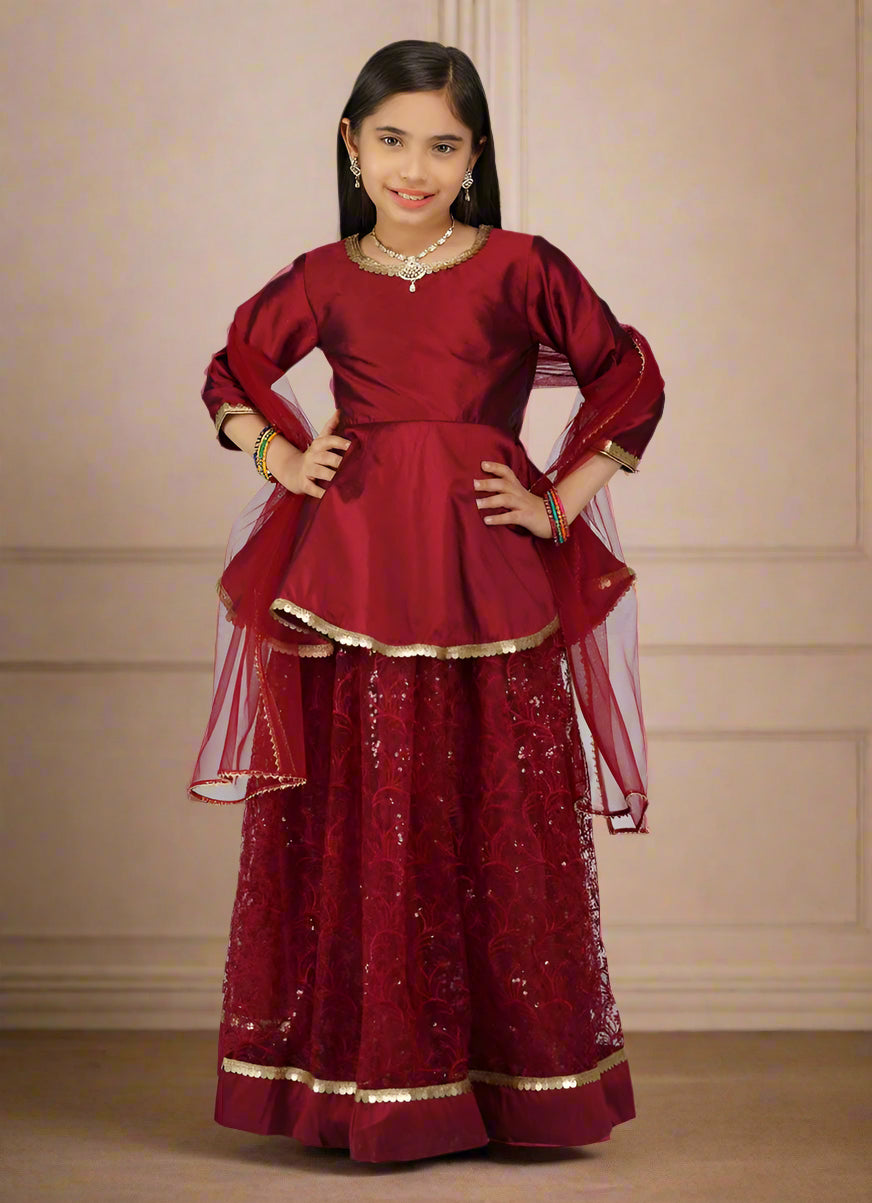 Buy Girls Maroon Net Embroidered Lehenga Set