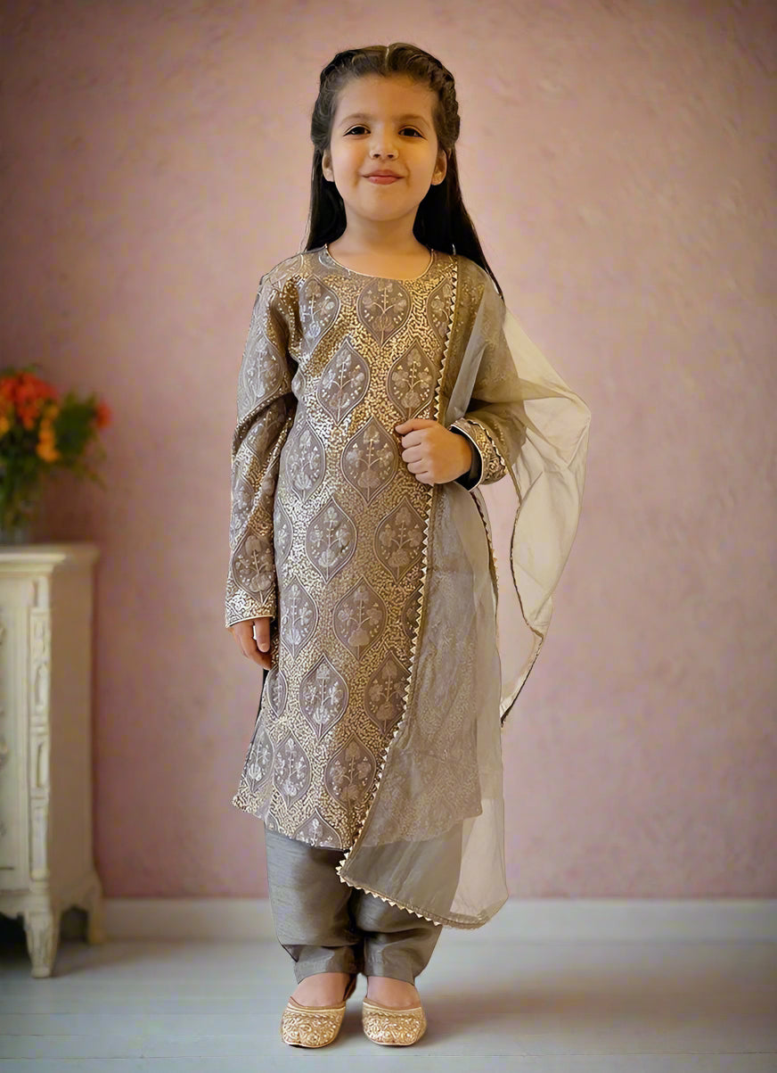 Buy Girls Grey Sequin Chinon Straight Cut Suit Set