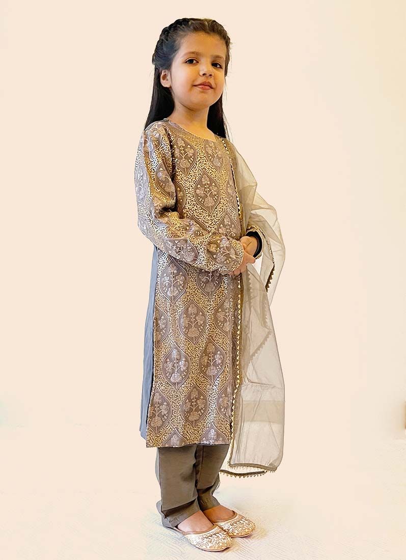 Buy Girls Grey Sequin Chinon Straight Cut Suit Set