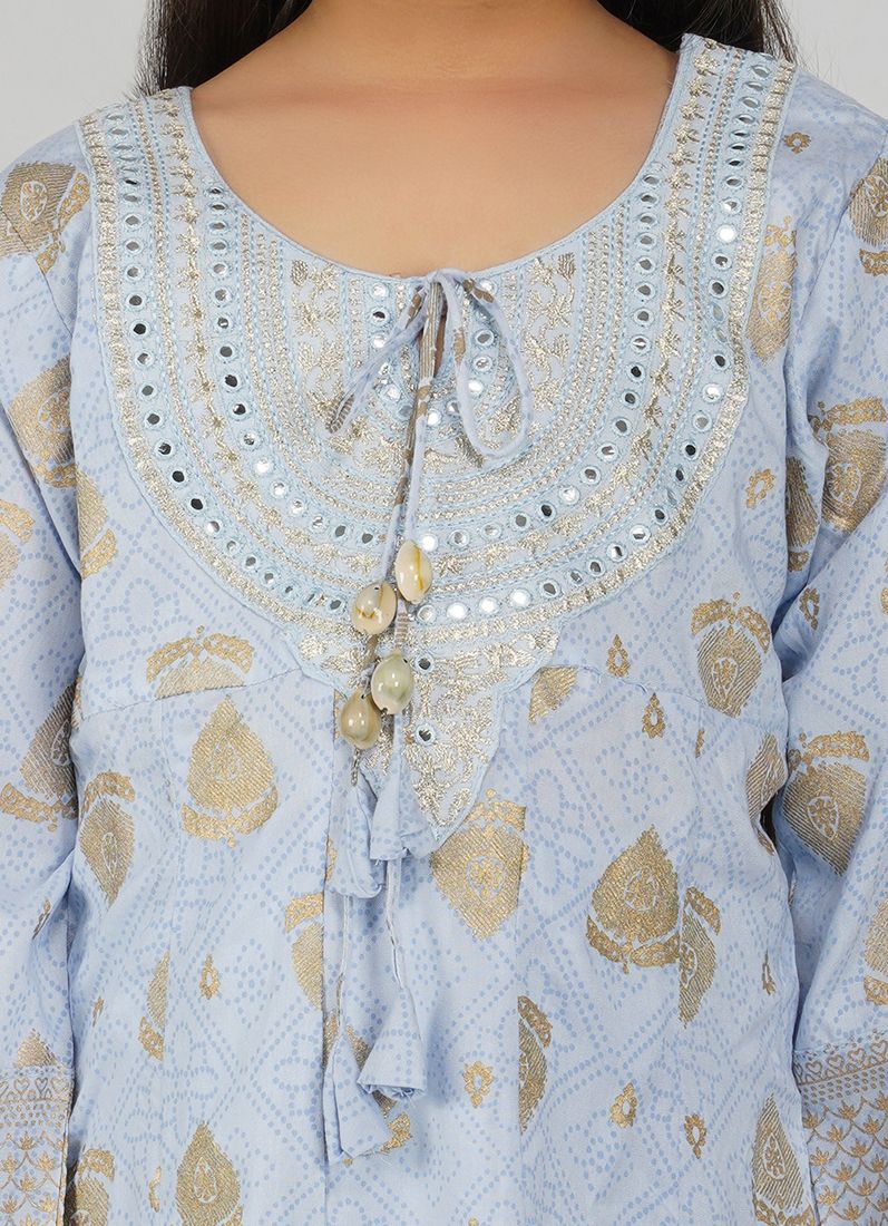 Buy Kids Light Blue Rayon Anarkali Suit Set