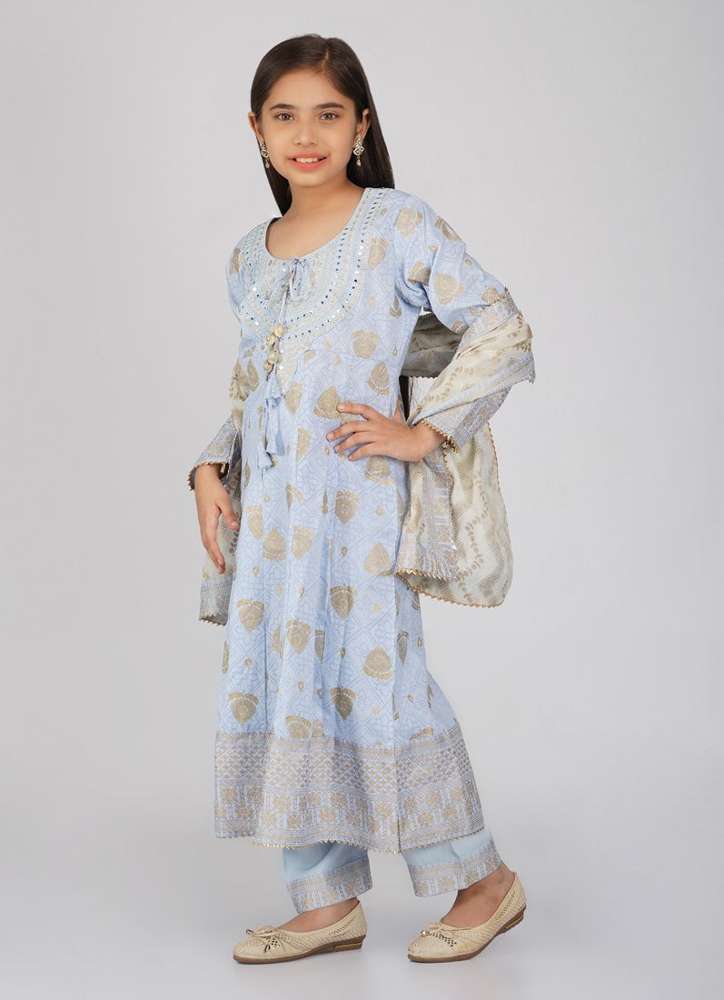 Buy Kids Light Blue Rayon Anarkali Suit Set