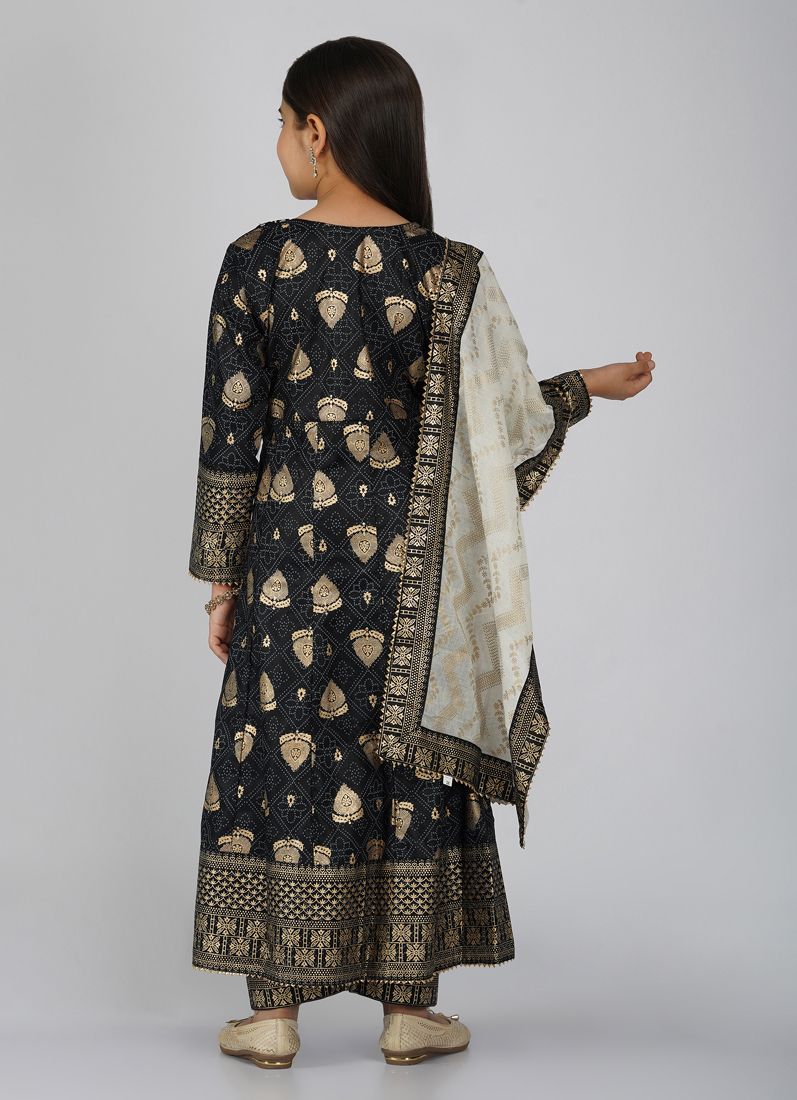 Buy Kids Black Rayon Anarkali Suit Set