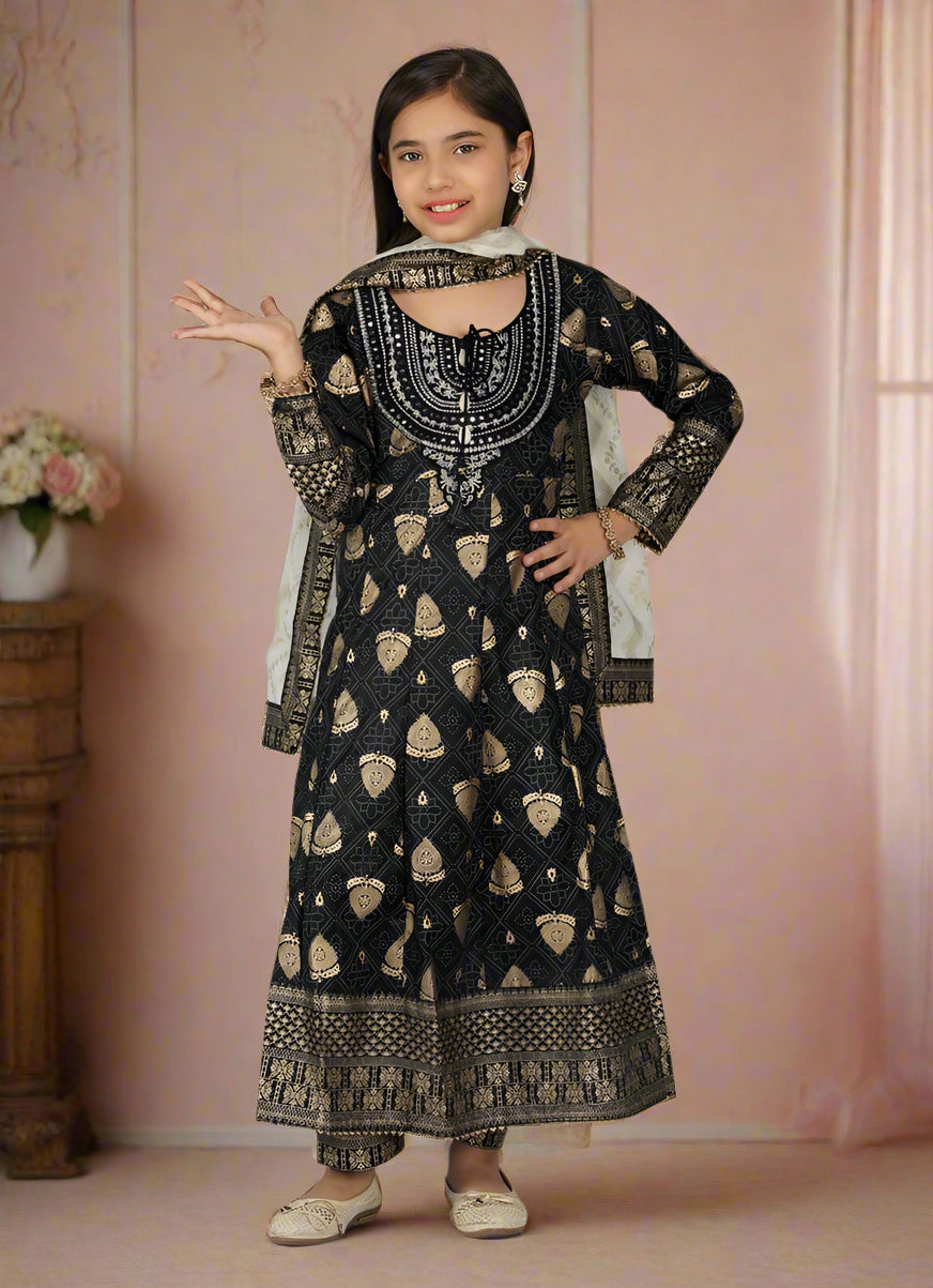 Buy Kids Black Rayon Anarkali Suit Set